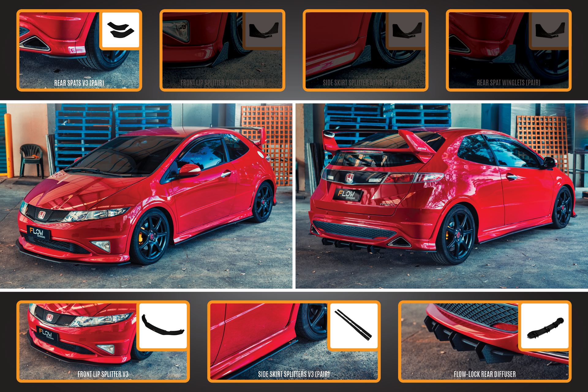 Flow Designs FN2 Civic Type R Full Lip Splitter Set - iilumolab