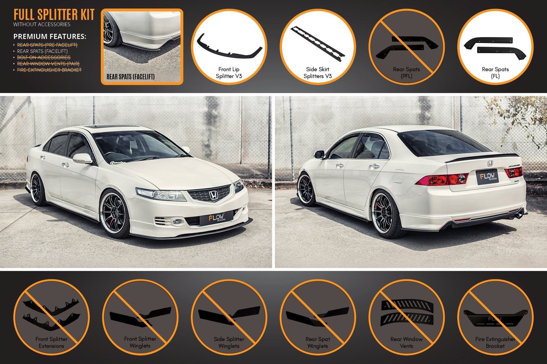 Flow Designs Honda Accord Euro PRE-FACELIFT CL7/CL9 Full Lip Splitter Set - iilumolab