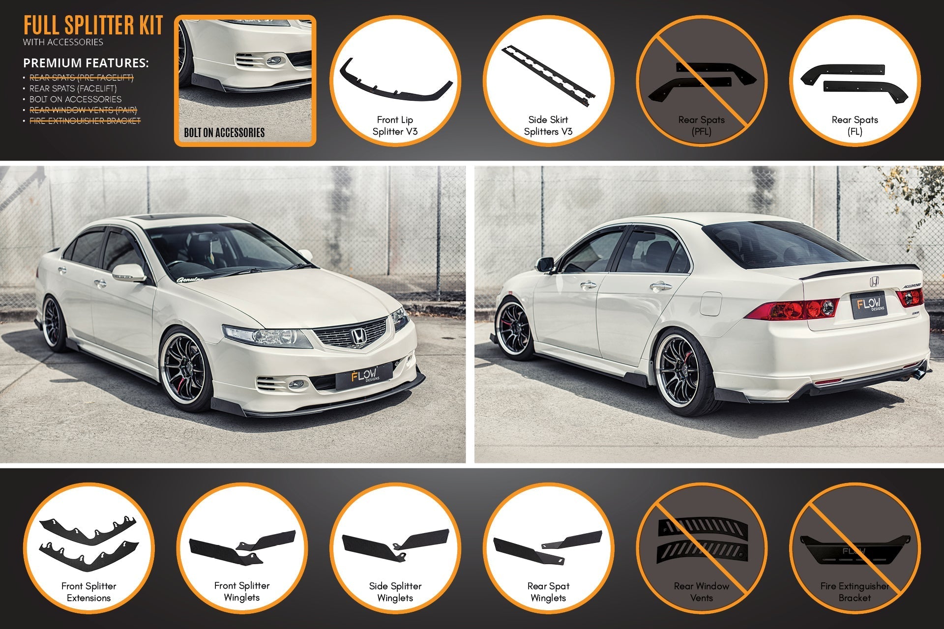 Flow Designs Honda Accord Euro PRE-FACELIFT CL7/CL9 Full Lip Splitter Set - iilumolab