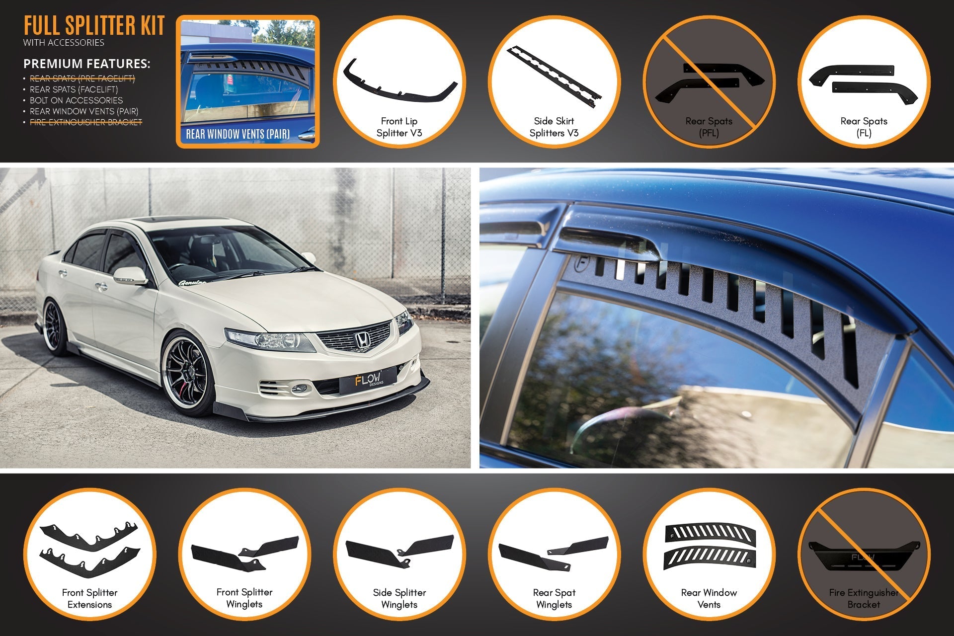 Flow Designs Honda Accord Euro PRE-FACELIFT CL7/CL9 Full Lip Splitter Set - iilumolab
