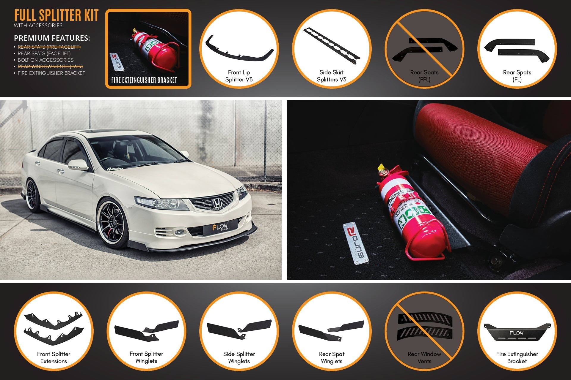 Flow Designs Honda Accord Euro PRE-FACELIFT CL7/CL9 Full Lip Splitter Set - iilumolab