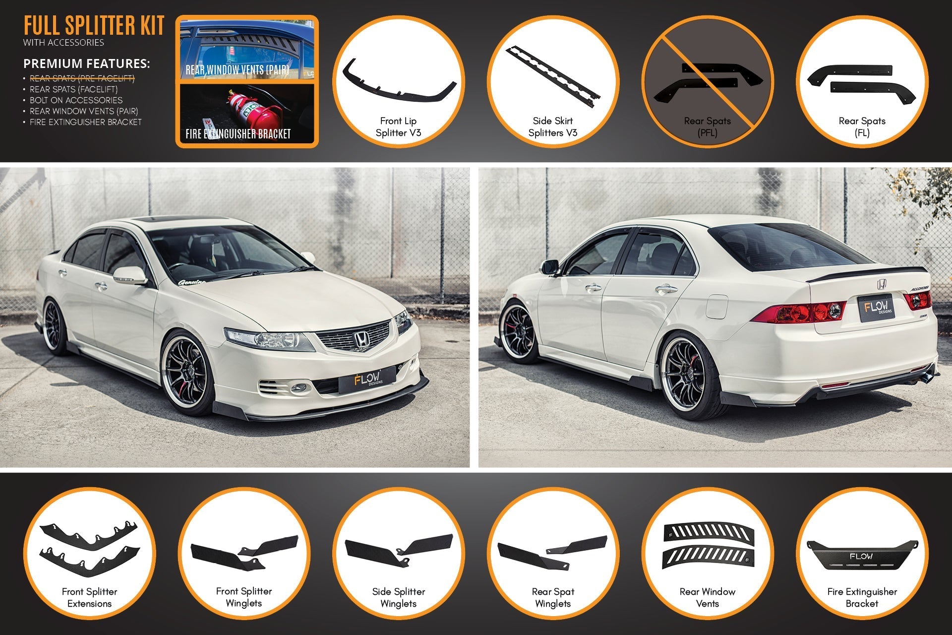 Flow Designs Honda Accord Euro PRE-FACELIFT CL7/CL9 Full Lip Splitter Set - iilumolab