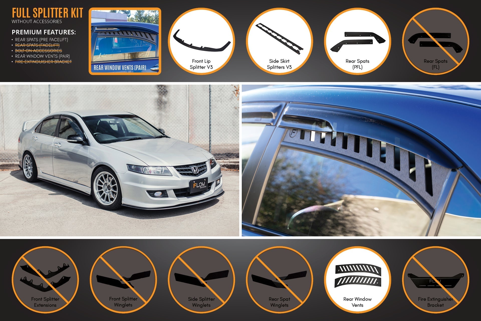 Flow Designs Honda Accord Euro PRE-FACELIFT CL7/CL9 Full Lip Splitter Set - iilumolab
