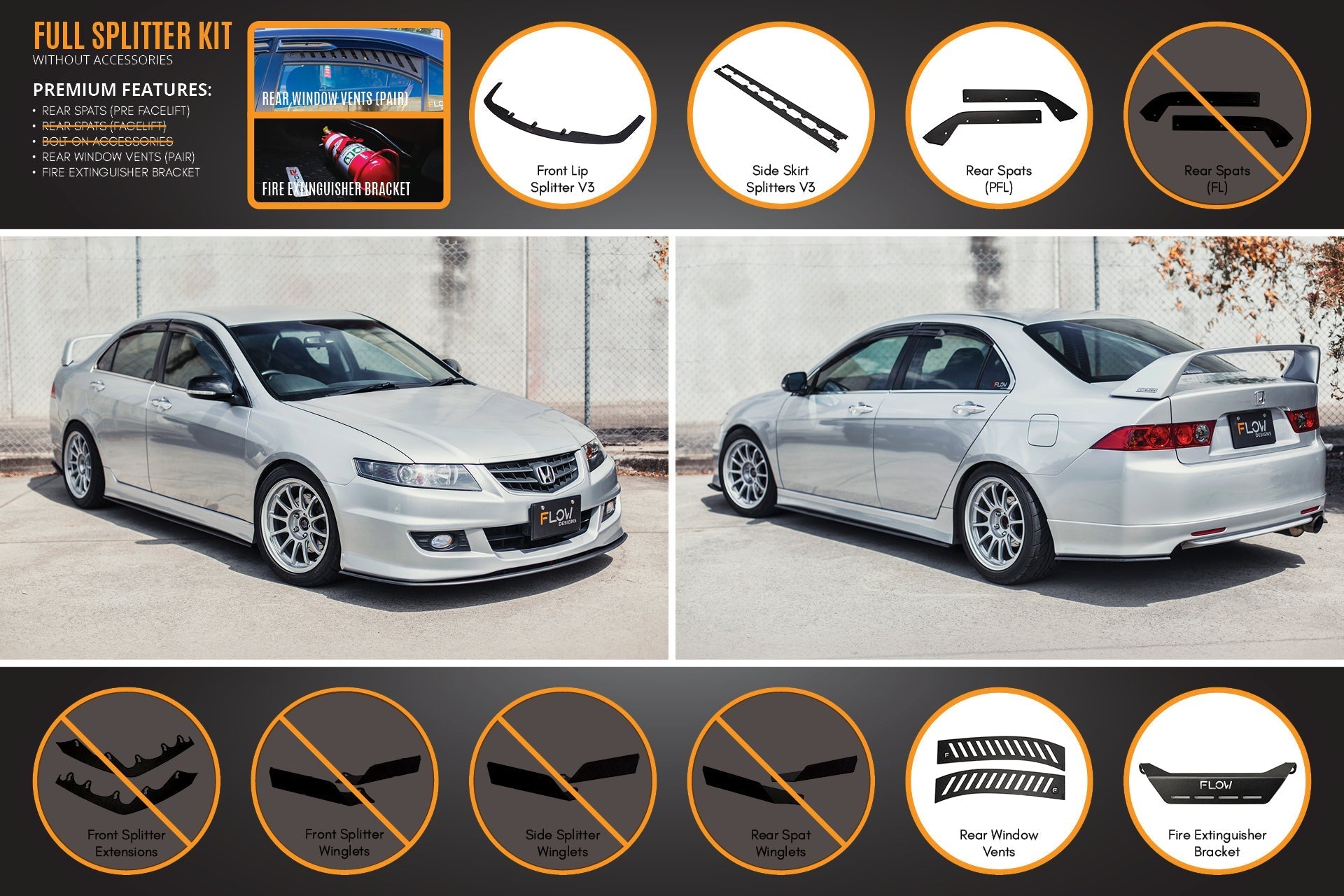 Flow Designs Honda Accord Euro PRE-FACELIFT CL7/CL9 Full Lip Splitter Set - iilumolab