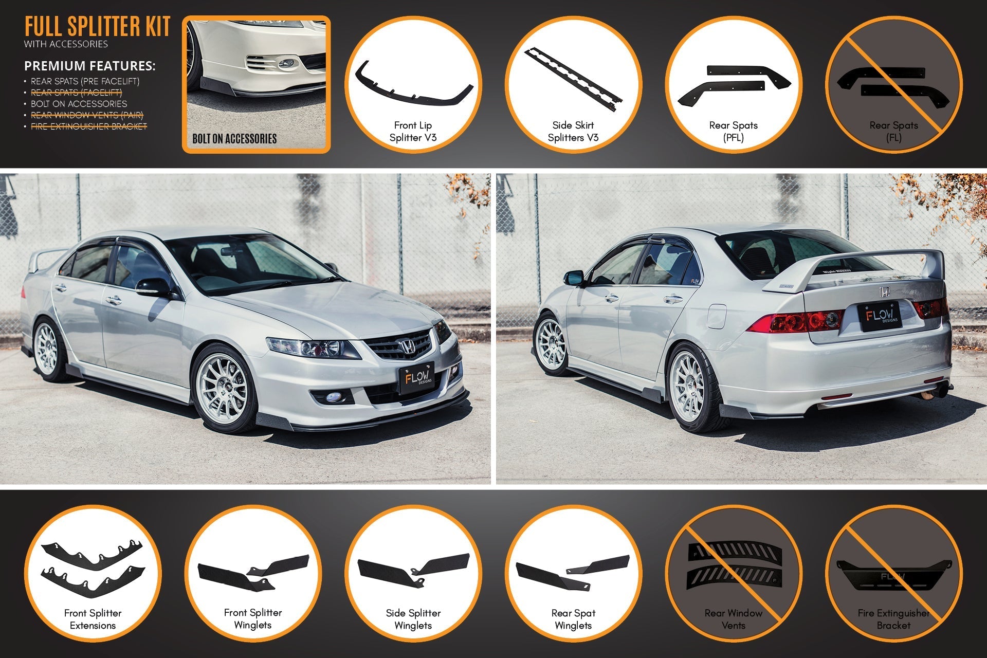 Flow Designs Honda Accord Euro PRE-FACELIFT CL7/CL9 Full Lip Splitter Set - iilumolab