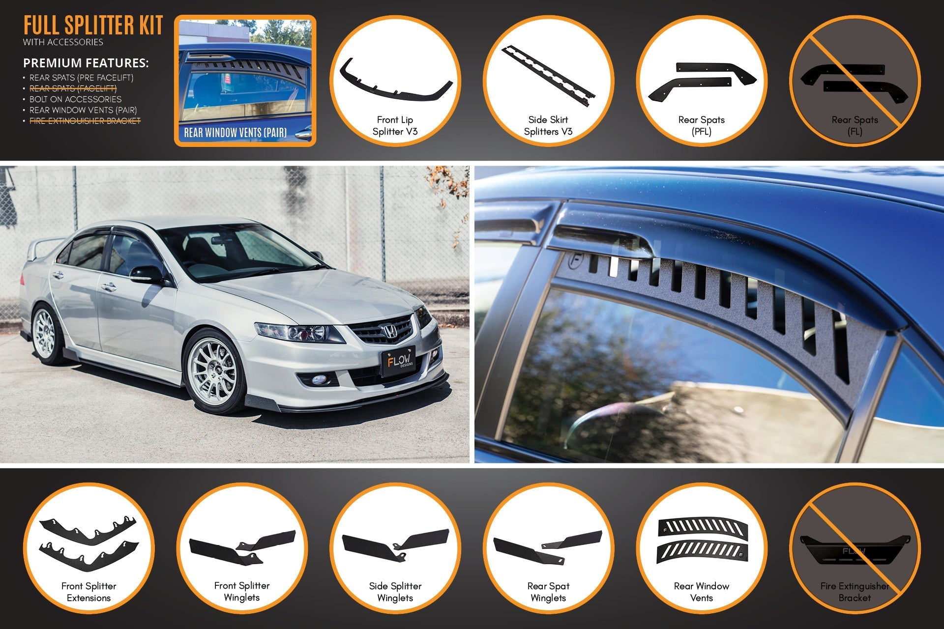 Flow Designs Honda Accord Euro PRE-FACELIFT CL7/CL9 Full Lip Splitter Set - iilumolab