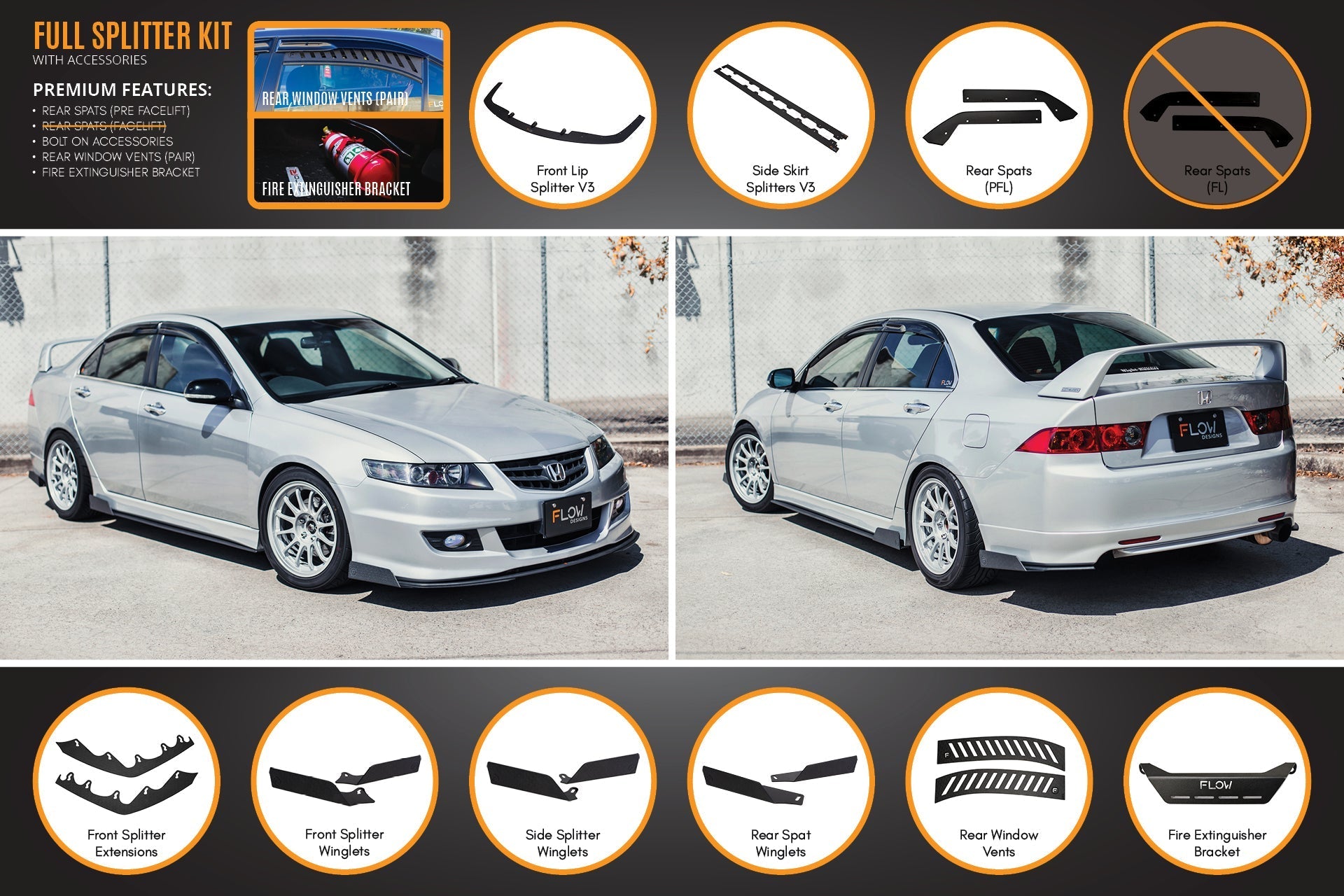 Flow Designs Honda Accord Euro PRE-FACELIFT CL7/CL9 Full Lip Splitter Set - iilumolab