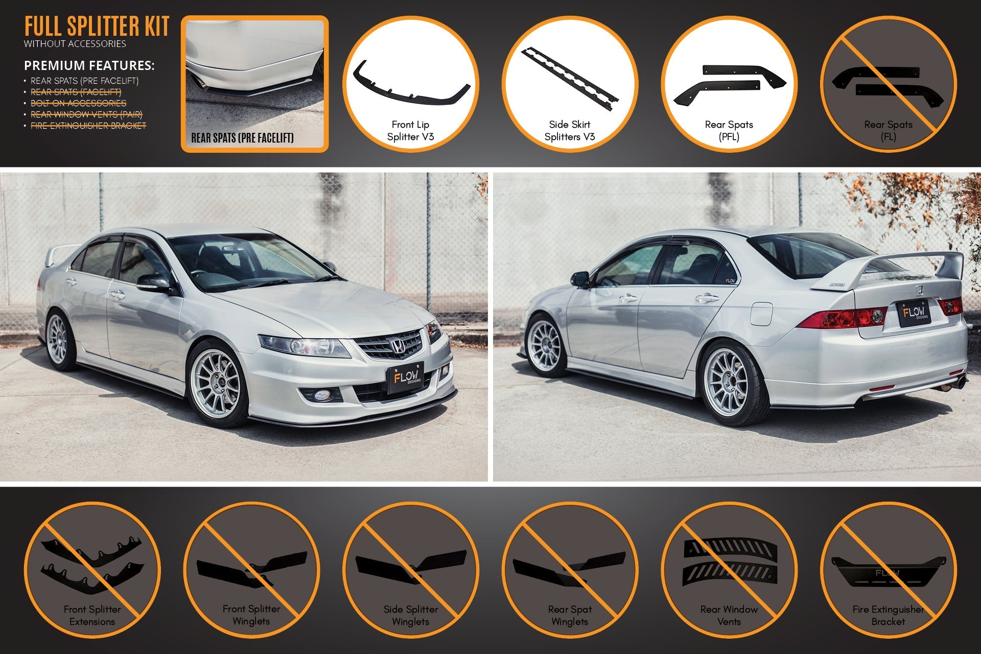 Flow Designs Honda Accord Euro FACELIFT CL7/CL9 Full Lip Splitter Set - iilumolab