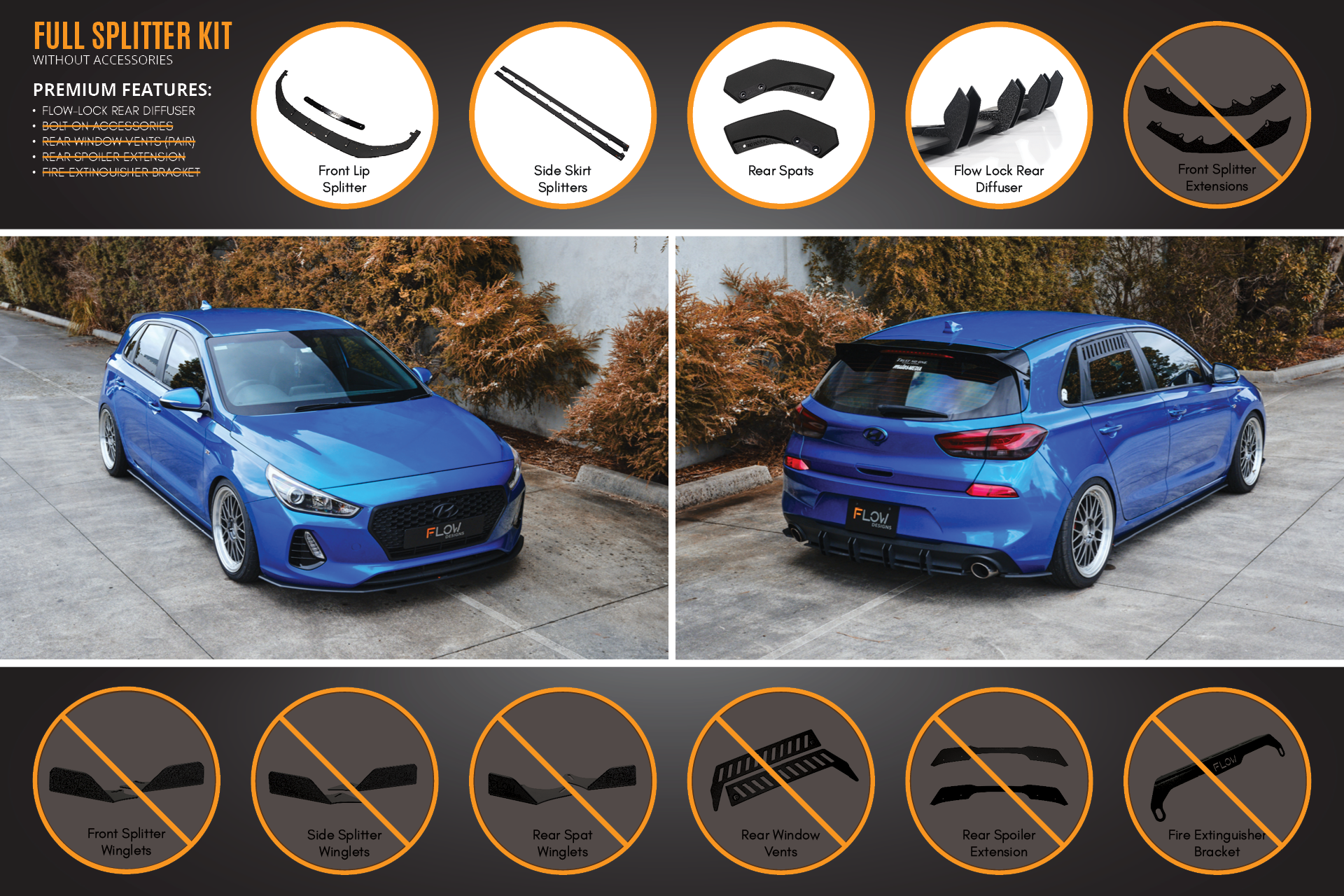 Flow Designs i30 SR Hatch (2017-2018) Full Lip Splitter Set