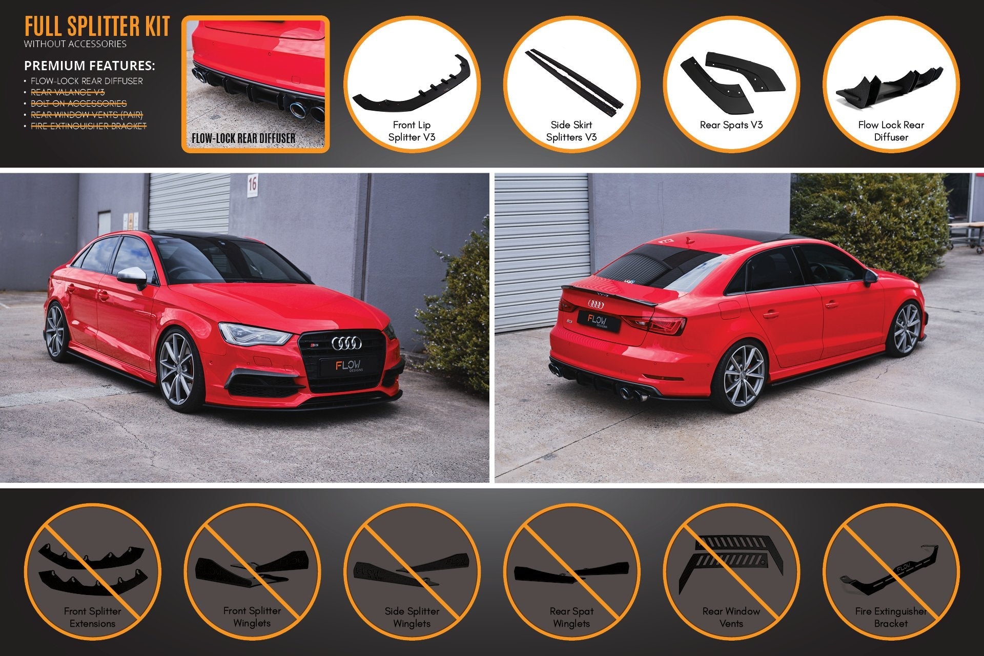 Flow Designs S3 8V Sedan Pre-Facelift V3 Full Lip Splitter Set - iilumolab