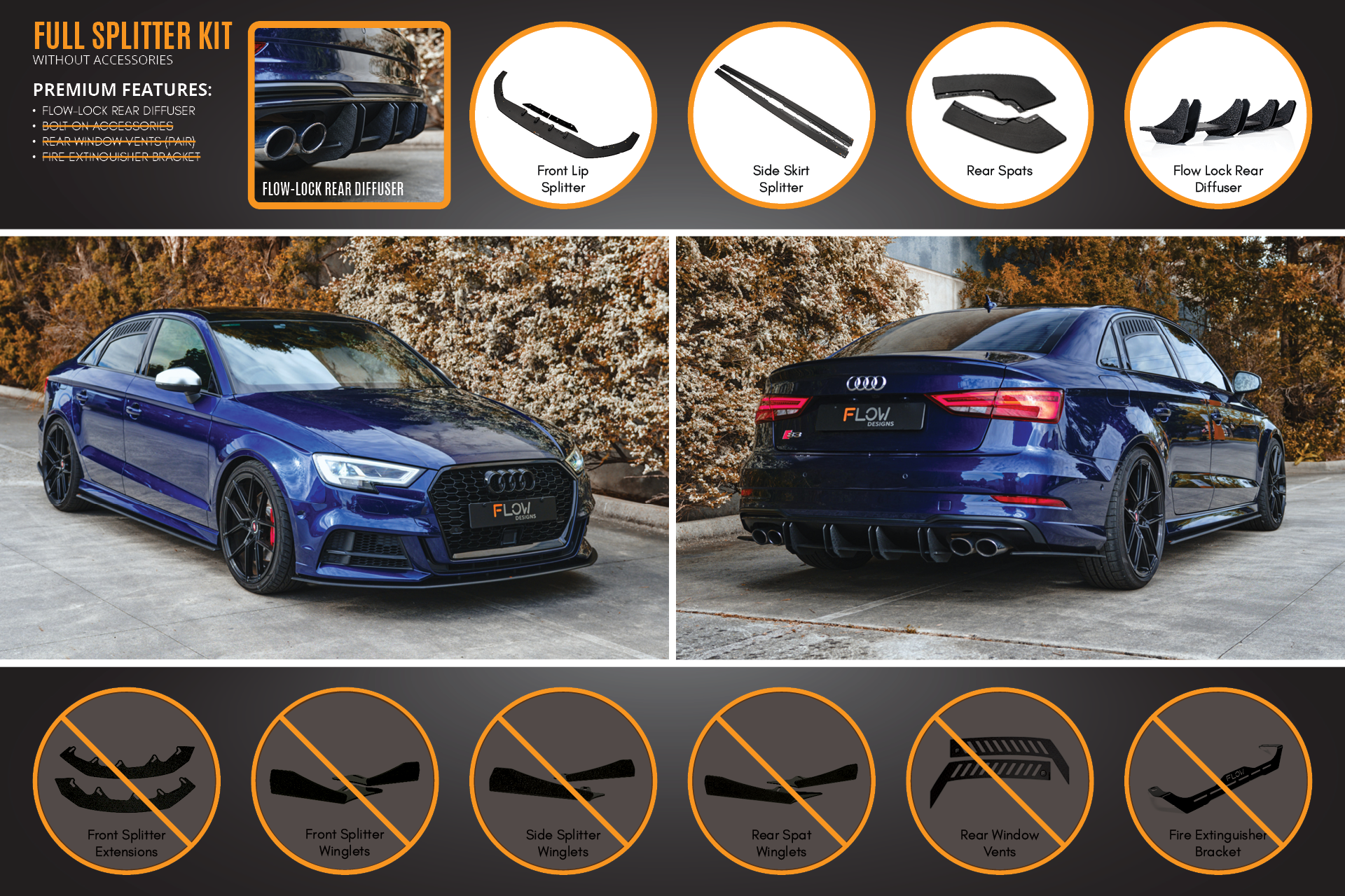 Flow Designs S3 8V Sedan Facelift Full Lip Splitter Set - iilumolab