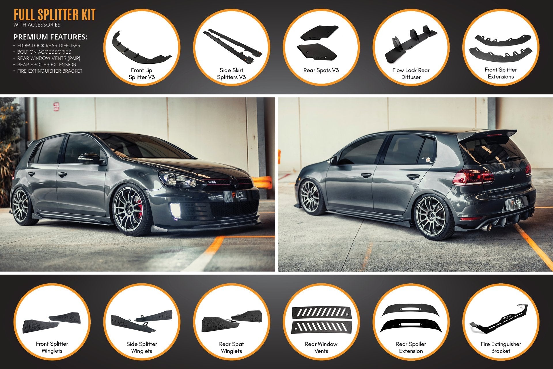 Flow Designs MK6 Golf GTI Full Lip Splitter Set - iilumolab