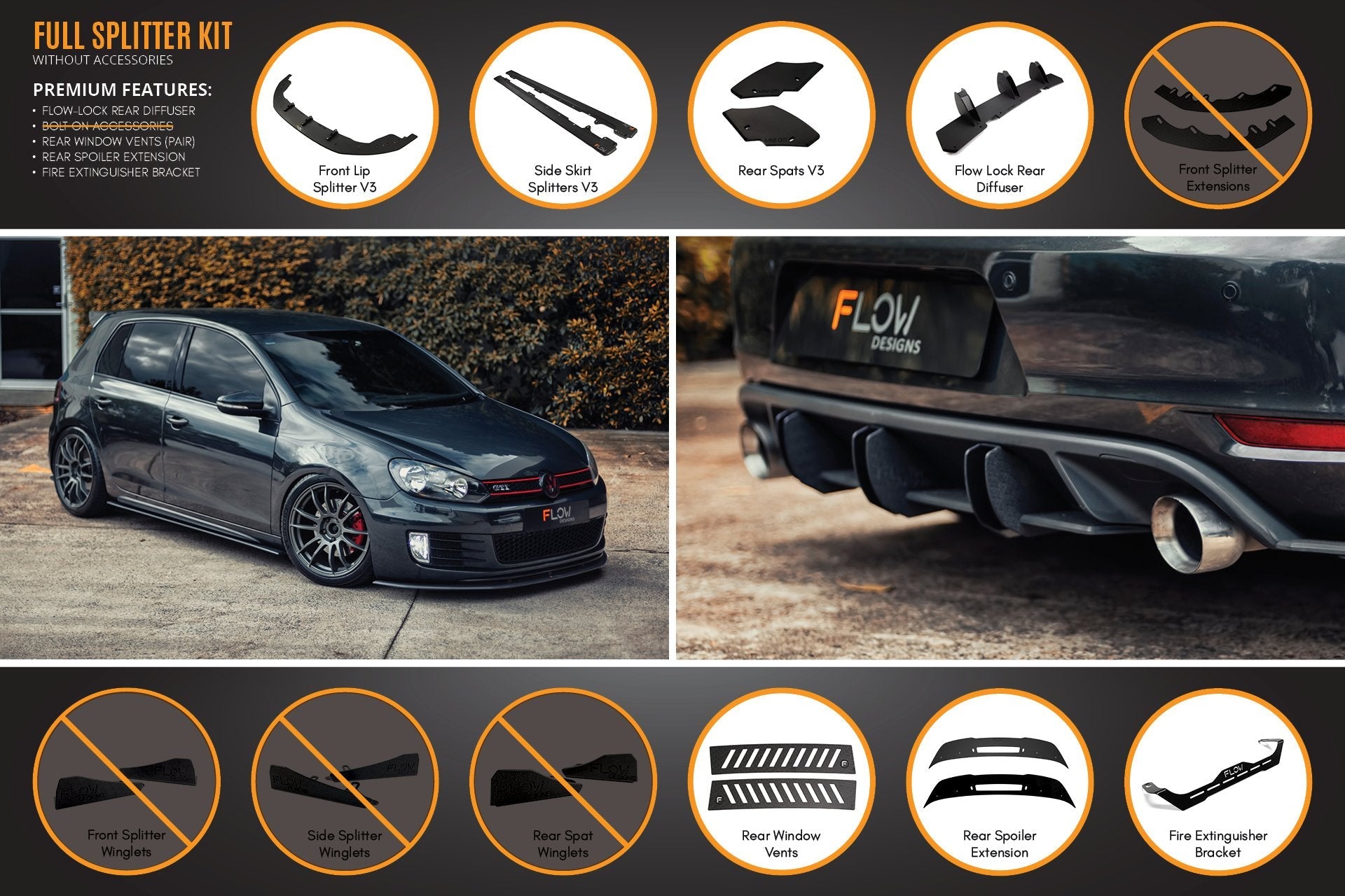 Flow Designs MK6 Golf GTI Full Lip Splitter Set - iilumolab