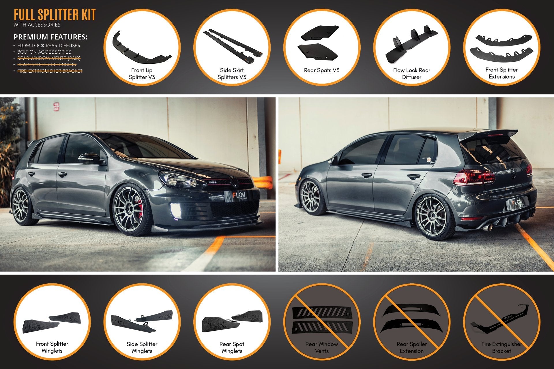 Flow Designs MK6 Golf GTI Full Lip Splitter Set - iilumolab