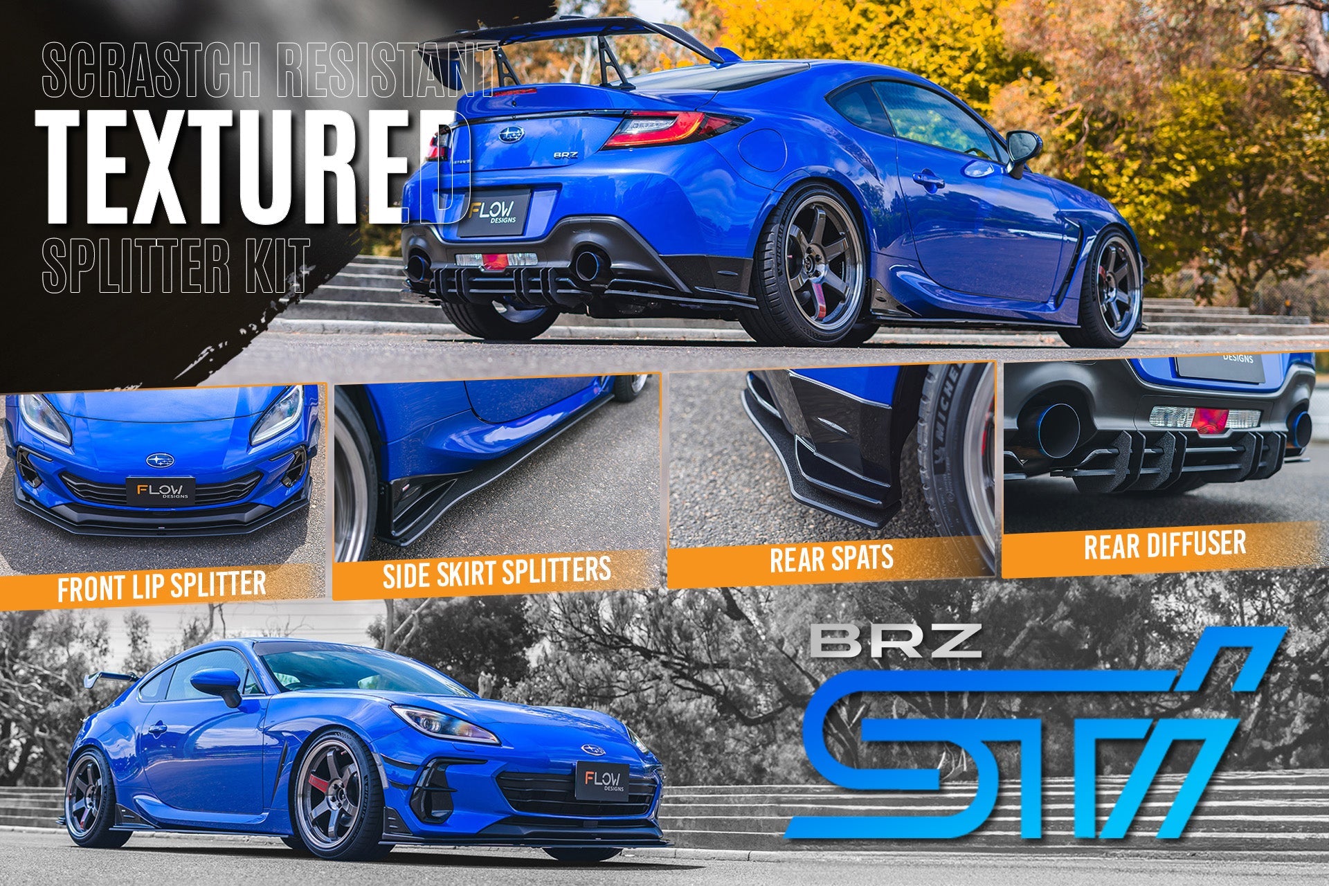 Flow Designs ZD8 BRZ STI Full Lip Splitter Set (TEXTURED BLACK) - iilumolab