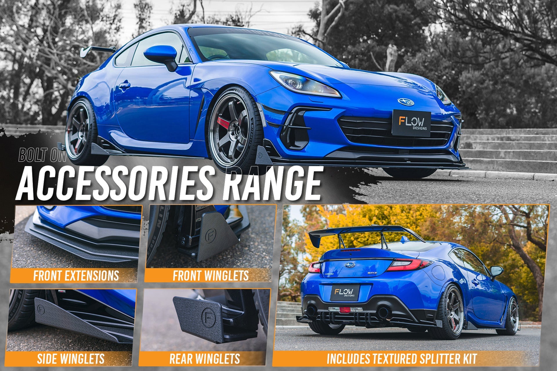 Flow Designs ZD8 BRZ STI Full Lip Splitter Set (TEXTURED BLACK) - iilumolab