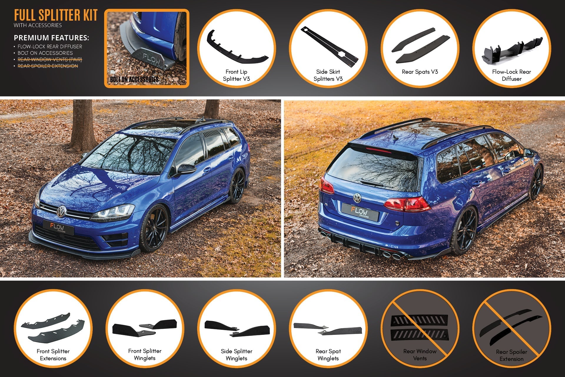 Flow Designs MK7 Golf R Wagon - Full Lip Splitter Set - iilumolab