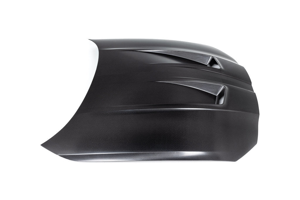 Alpha N G8X M3 M4 carbon fiber vented hood with raw finish, exterior car part designed for enhanced airflow and sporty look.