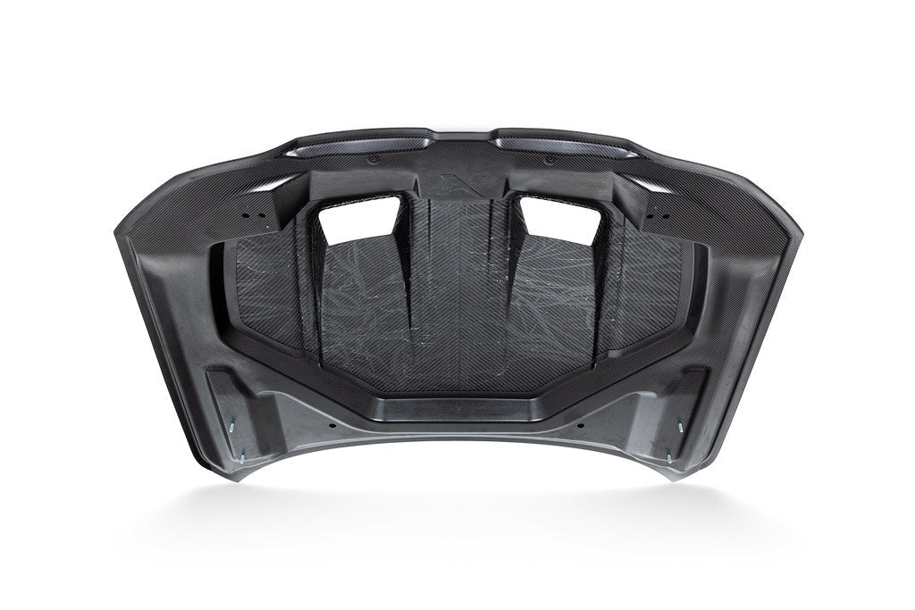 Alpha N G8X M3 M4 carbon fiber vented hood with raw finish, showcasing its lightweight, aerodynamic exterior design.
