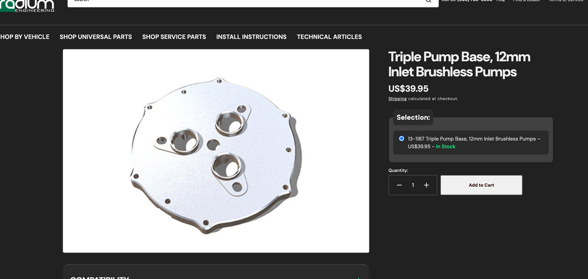 Radium Engineering Fuel Pump Filter Base Adapter – 12mm Brushless Pumps (13-1187)