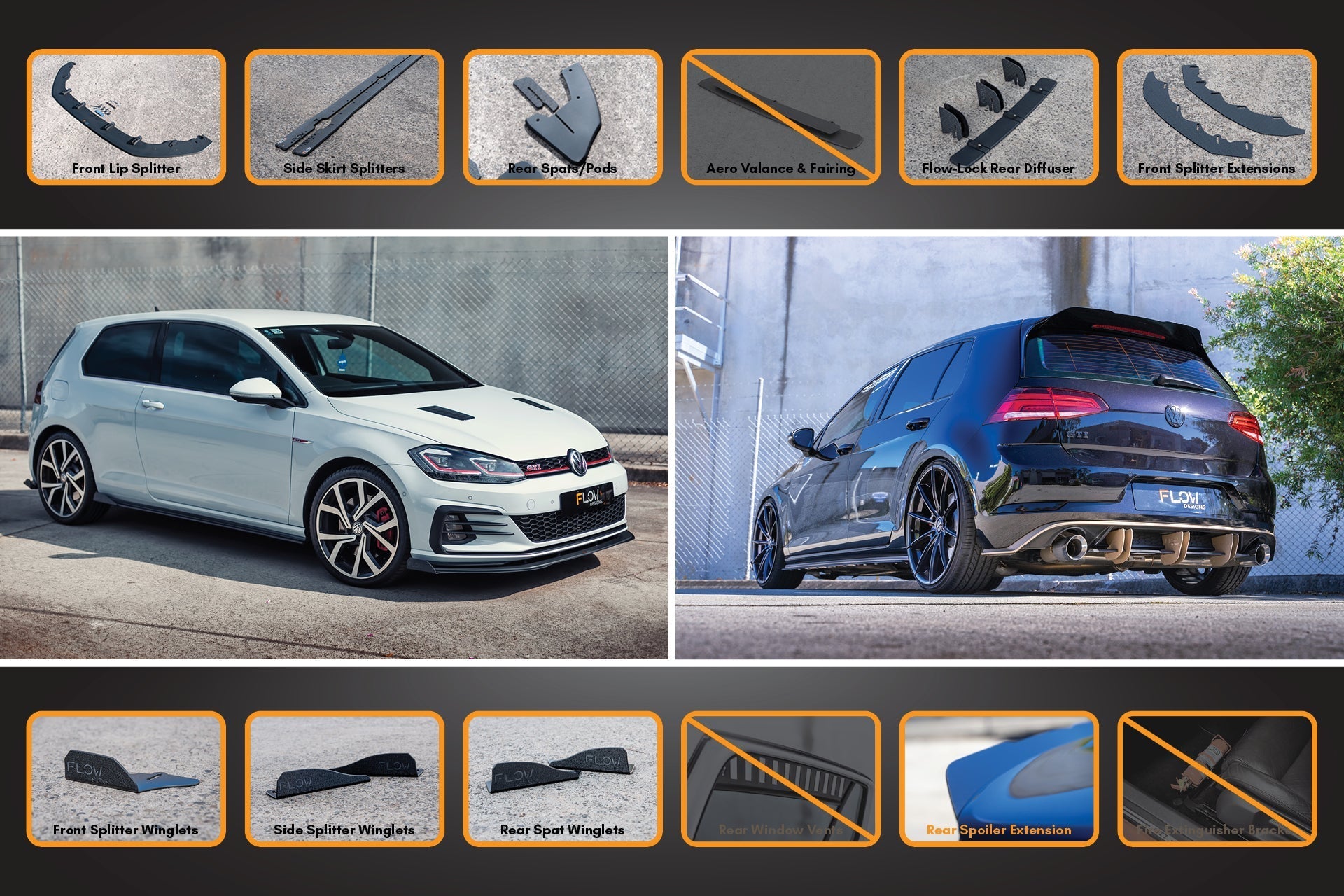 Flow Designs MK7.5 Golf GTI Full Lip Splitter Set with Flow-Lock Rear Diffuser - iilumolab