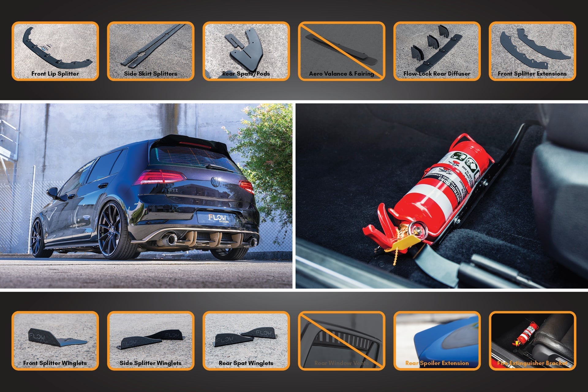 Flow Designs MK7.5 Golf GTI Full Lip Splitter Set with Flow-Lock Rear Diffuser - iilumolab