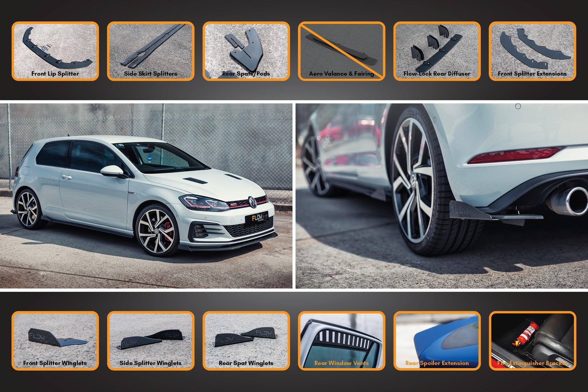 Flow Designs MK7.5 Golf GTI Full Lip Splitter Set with Flow-Lock Rear Diffuser - iilumolab