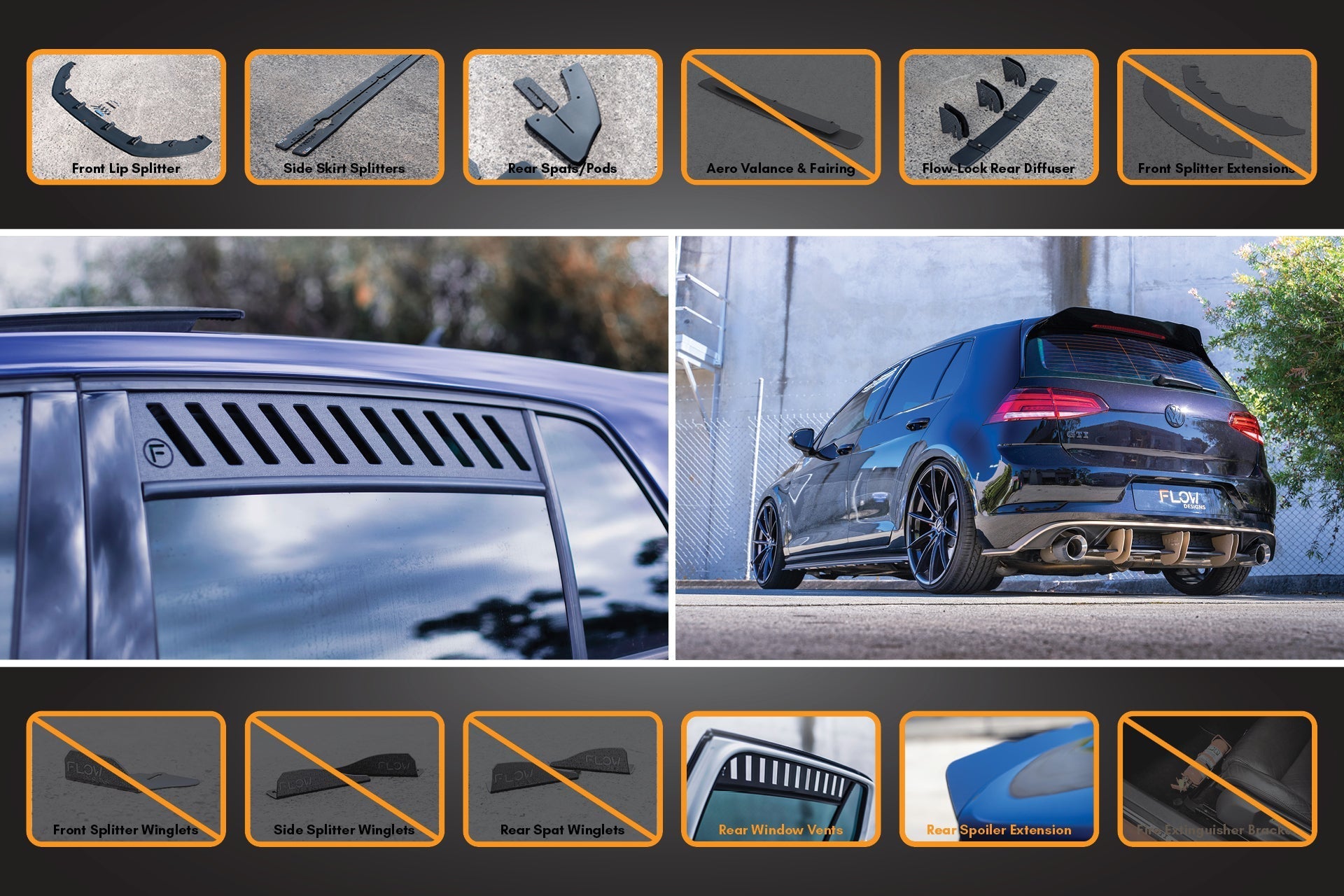 Flow Designs MK7.5 Golf GTI Full Lip Splitter Set with Flow-Lock Rear Diffuser - iilumolab