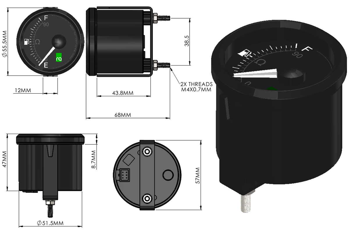 Radium 52mm Fuel Level Gauge, 0-90 Ohm