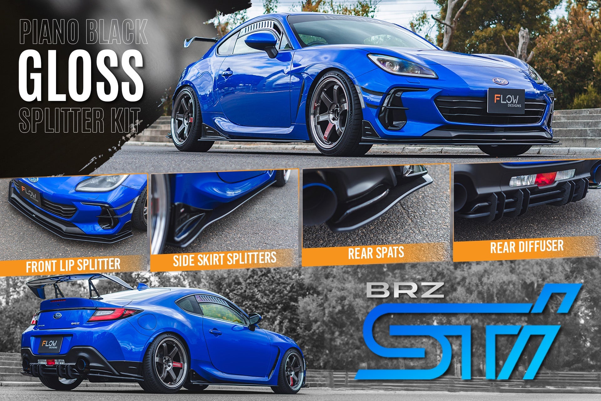 Flow Designs ZD8 BRZ STI Full Lip Splitter Set (GLOSS BLACK) - iilumolab