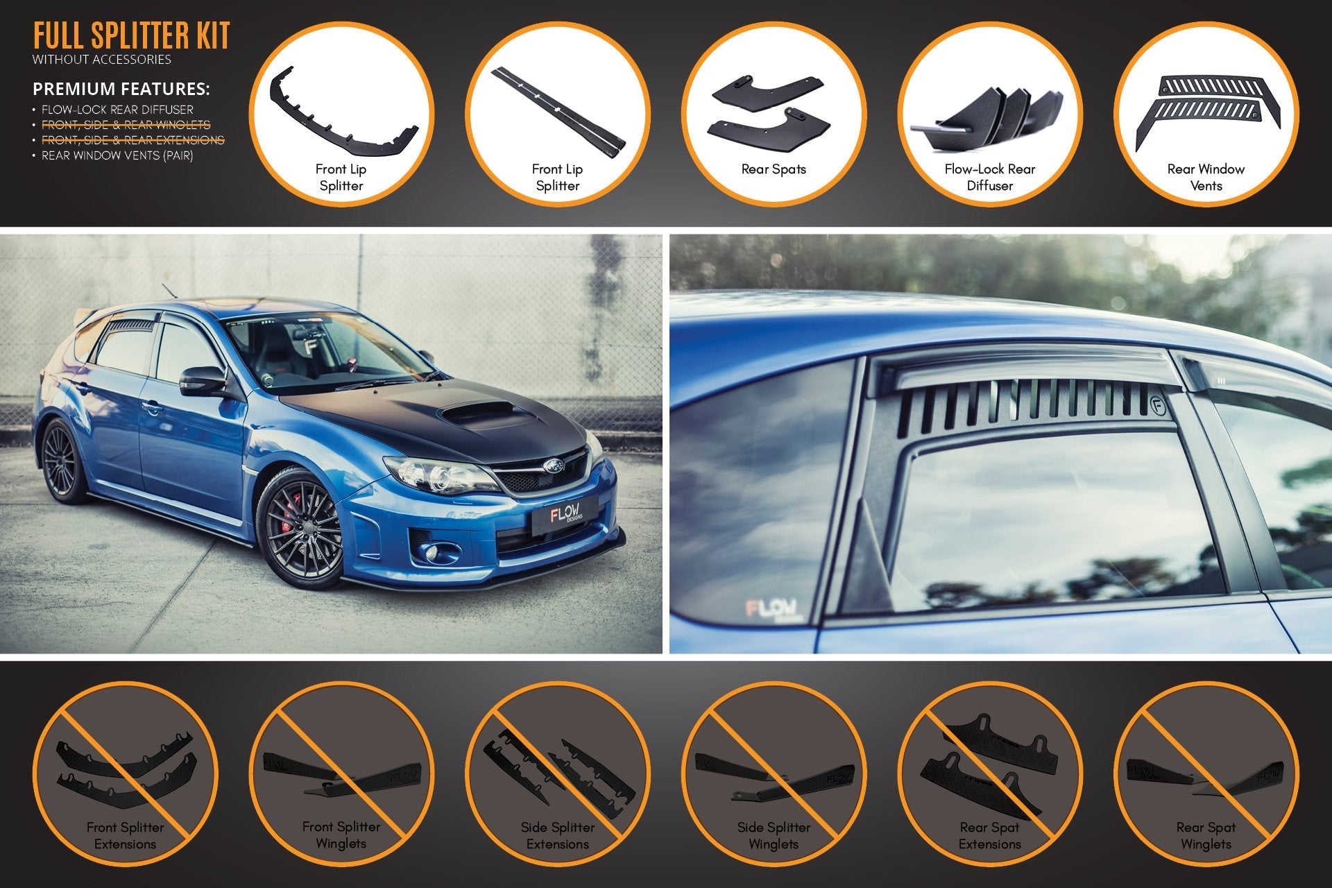 Flow Designs Impreza WRX / STI G3 Hatch (FL) Full Lip Splitter Set - iilumolab