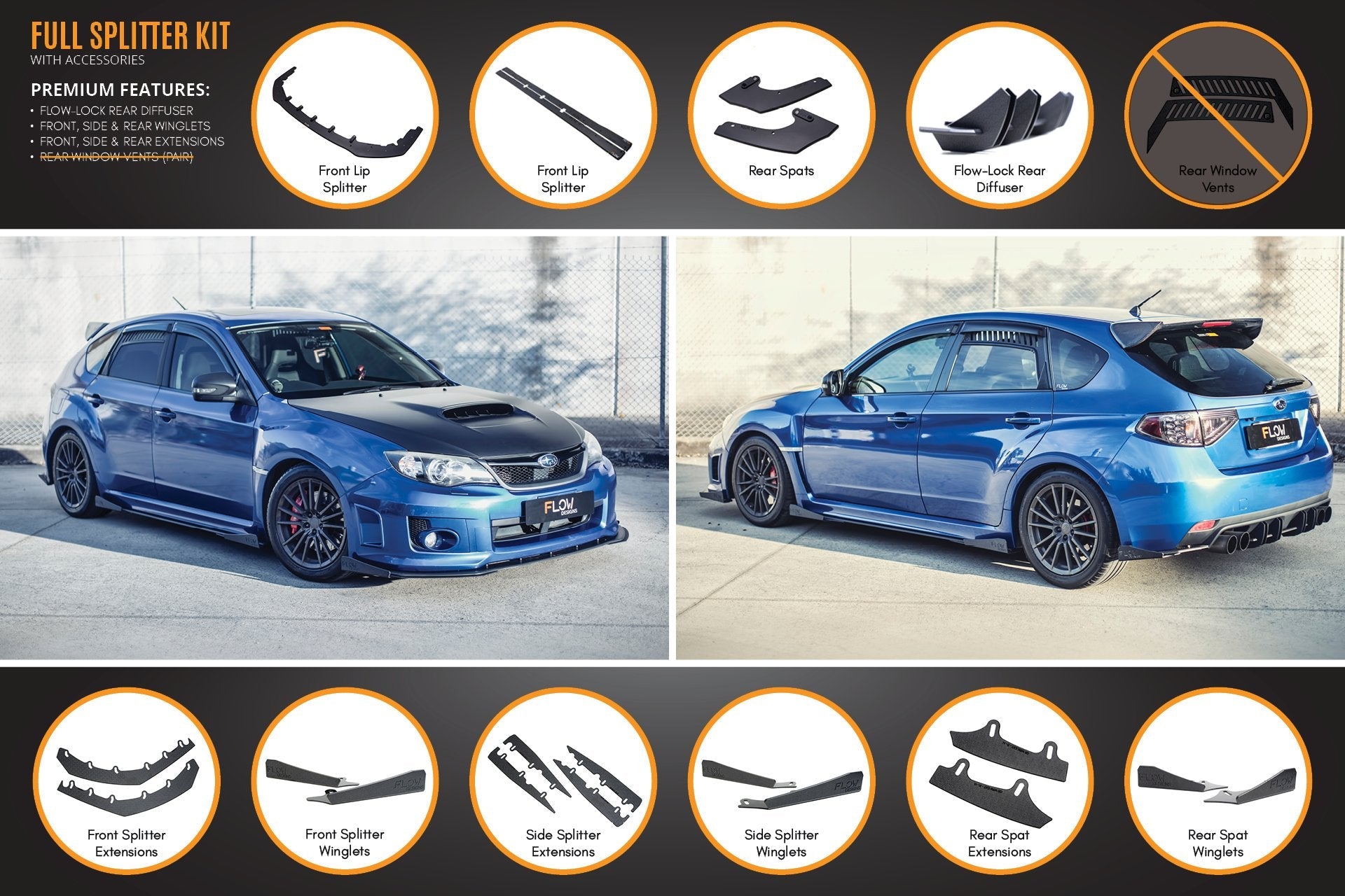 Flow Designs Impreza WRX / STI G3 Hatch (FL) Full Lip Splitter Set - iilumolab