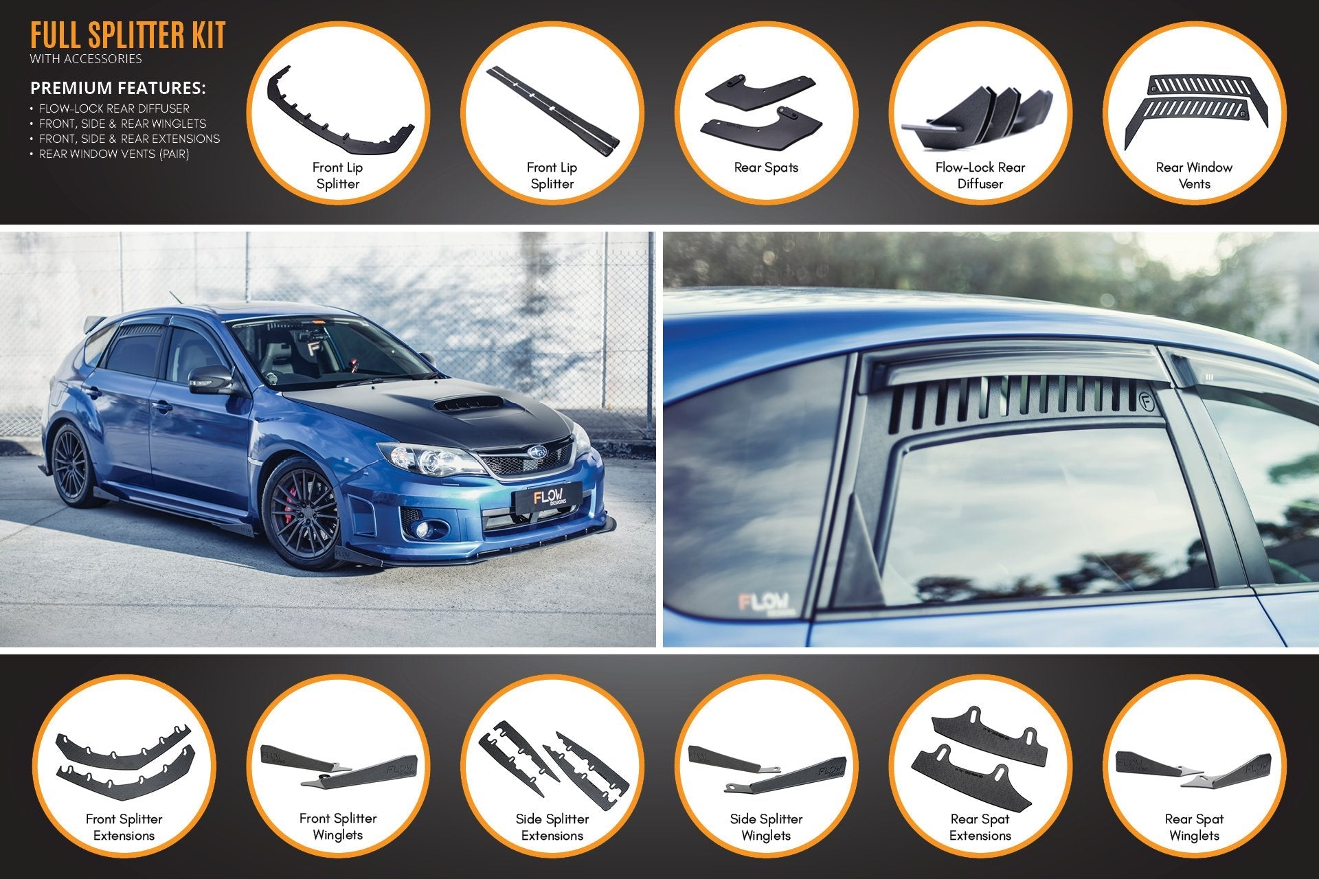 Flow Designs Impreza WRX / STI G3 Hatch (FL) Full Lip Splitter Set - iilumolab