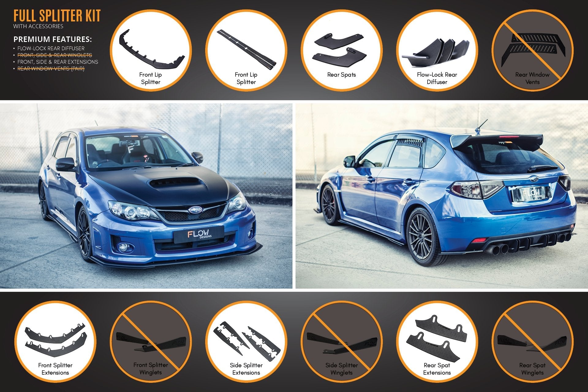 Flow Designs Impreza WRX / STI G3 Hatch (FL) Full Lip Splitter Set - iilumolab