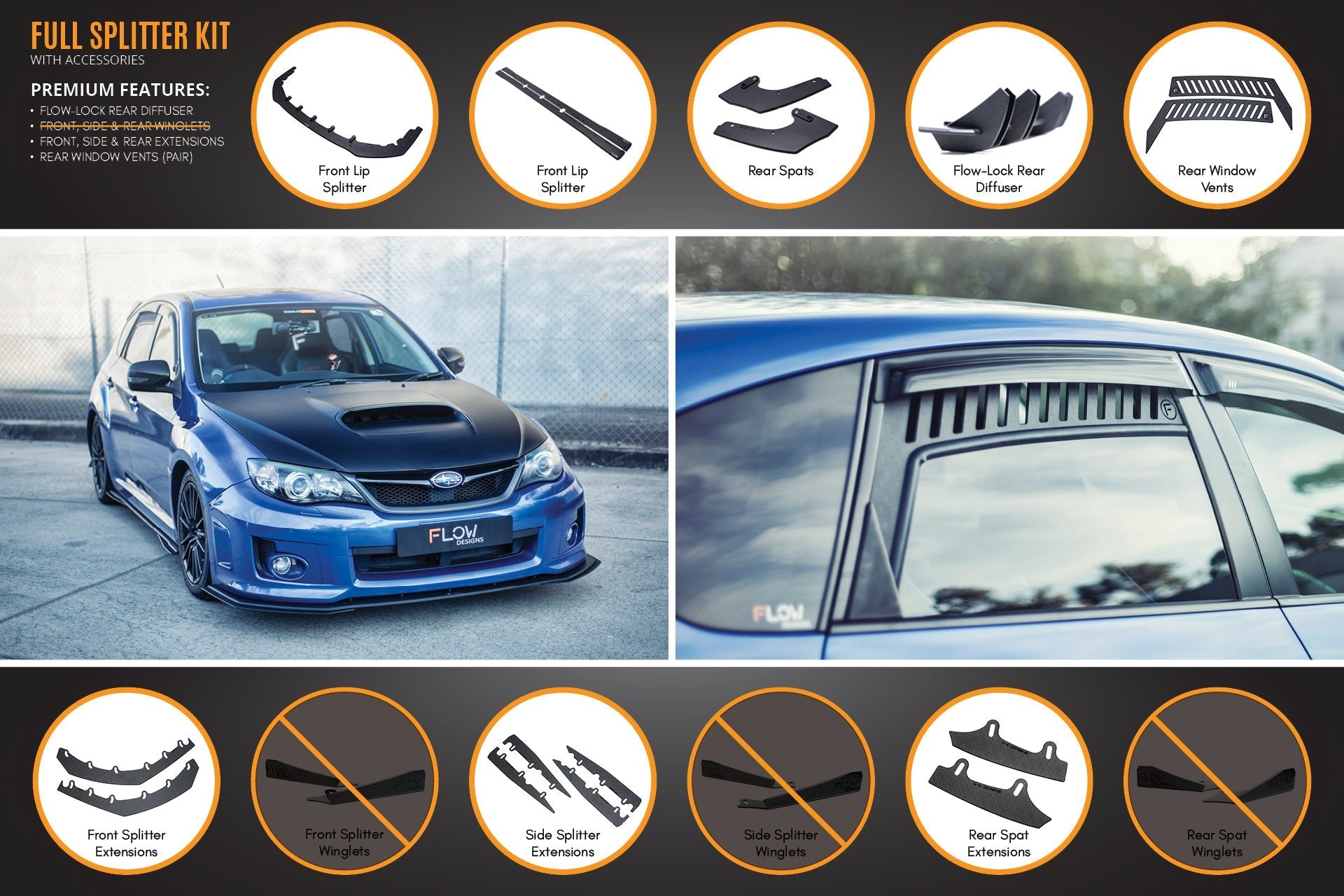 Flow Designs Impreza WRX / STI G3 Hatch (FL) Full Lip Splitter Set - iilumolab