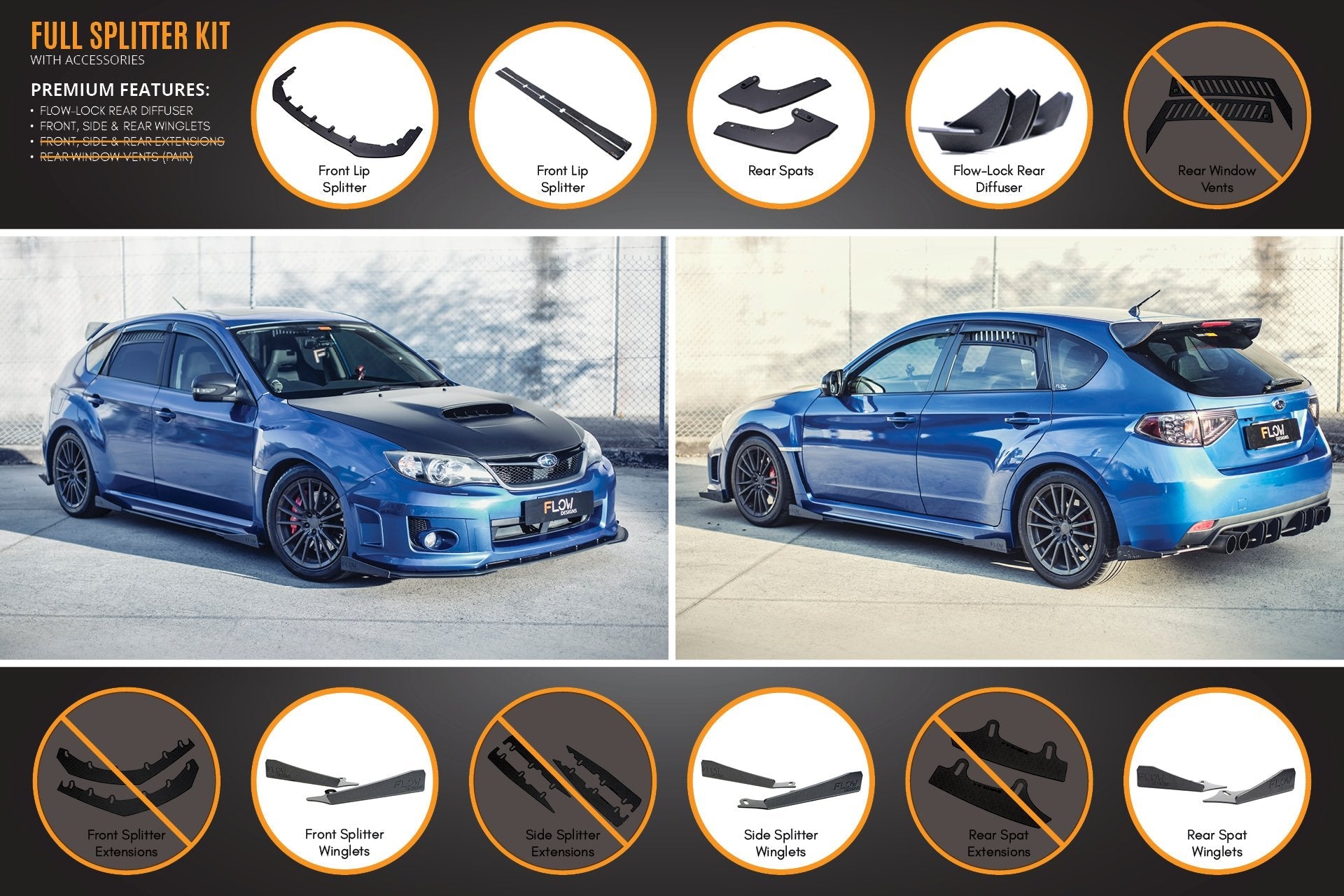 Flow Designs Impreza WRX / STI G3 Hatch (FL) Full Lip Splitter Set - iilumolab