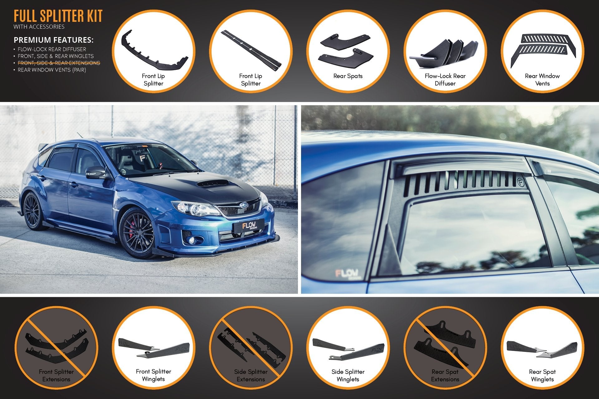 Flow Designs Impreza WRX / STI G3 Hatch (FL) Full Lip Splitter Set - iilumolab