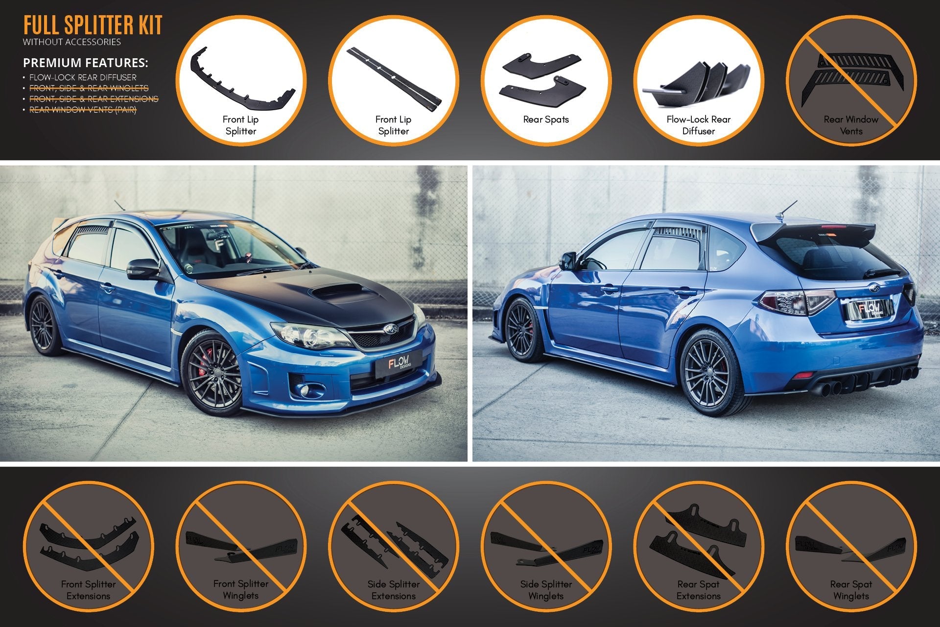 Flow Designs Impreza WRX / STI G3 Hatch (FL) Full Lip Splitter Set - iilumolab