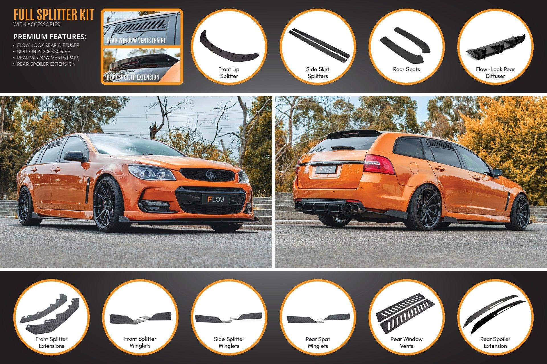 Flow Designs VF Commodore S2 Wagon Full Lip Splitter Set - iilumolab