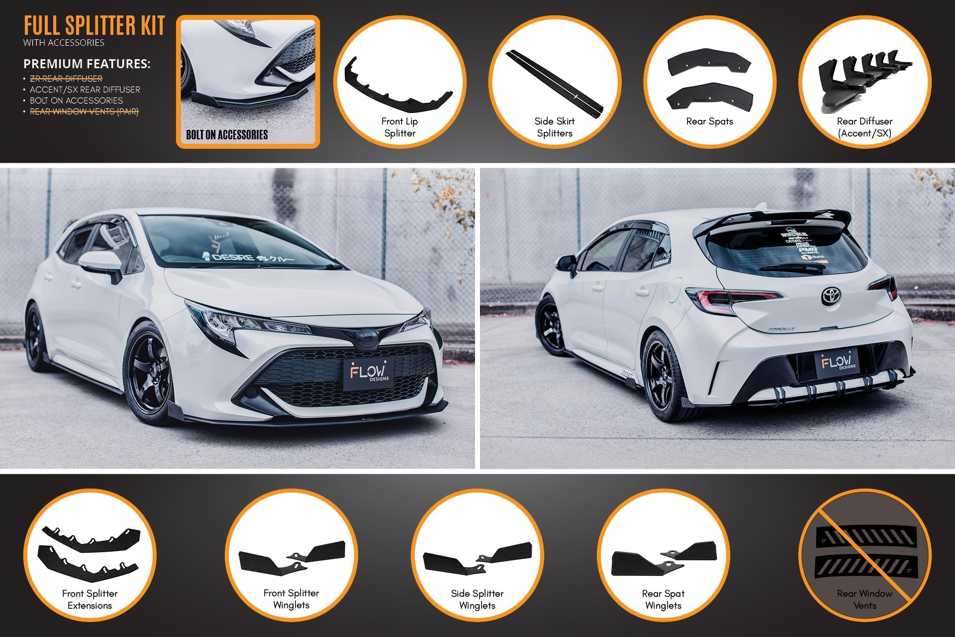 Flow Designs Corolla MZEA12R/ZWE211R 2018-2022 Full Lip Splitter Set - iilumolab