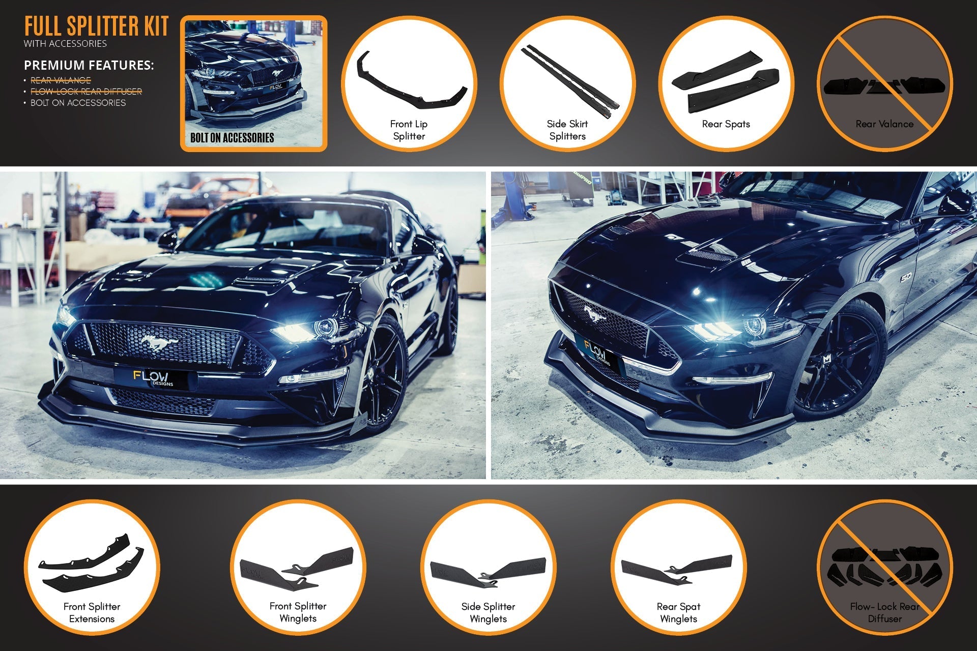 Flow Designs GT Mustang S550 FN Full Lip Splitter Set - iilumolab