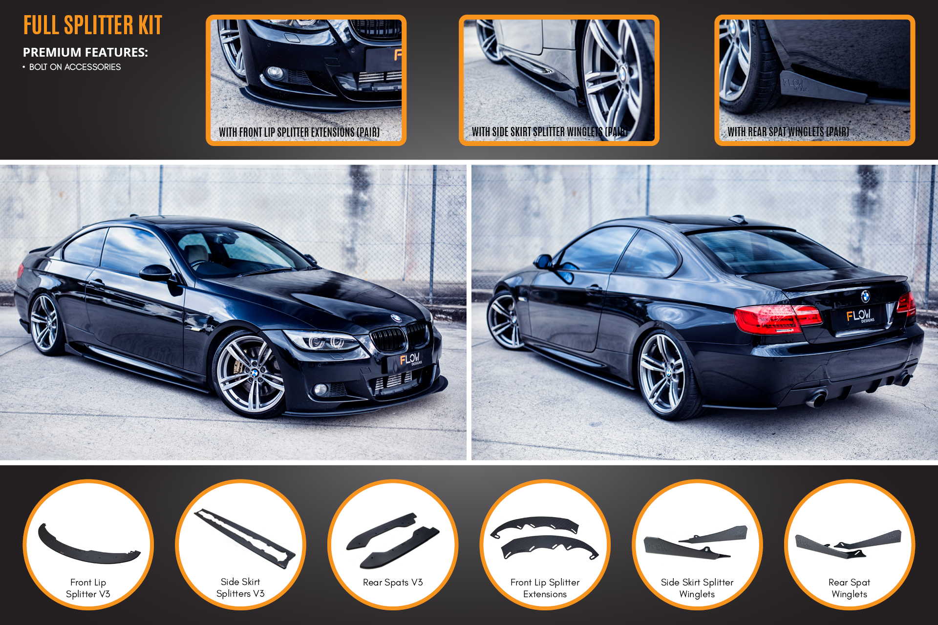 Flow Designs E92 M Pre LCI Sport Full Lip Splitter Set - iilumolab