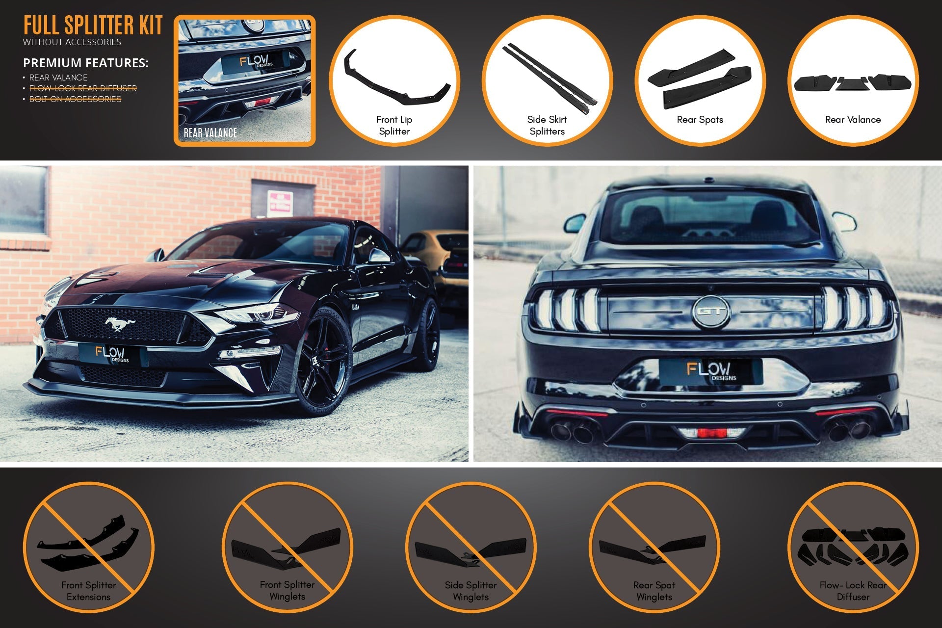 Flow Designs GT Mustang S550 FN Full Lip Splitter Set - iilumolab