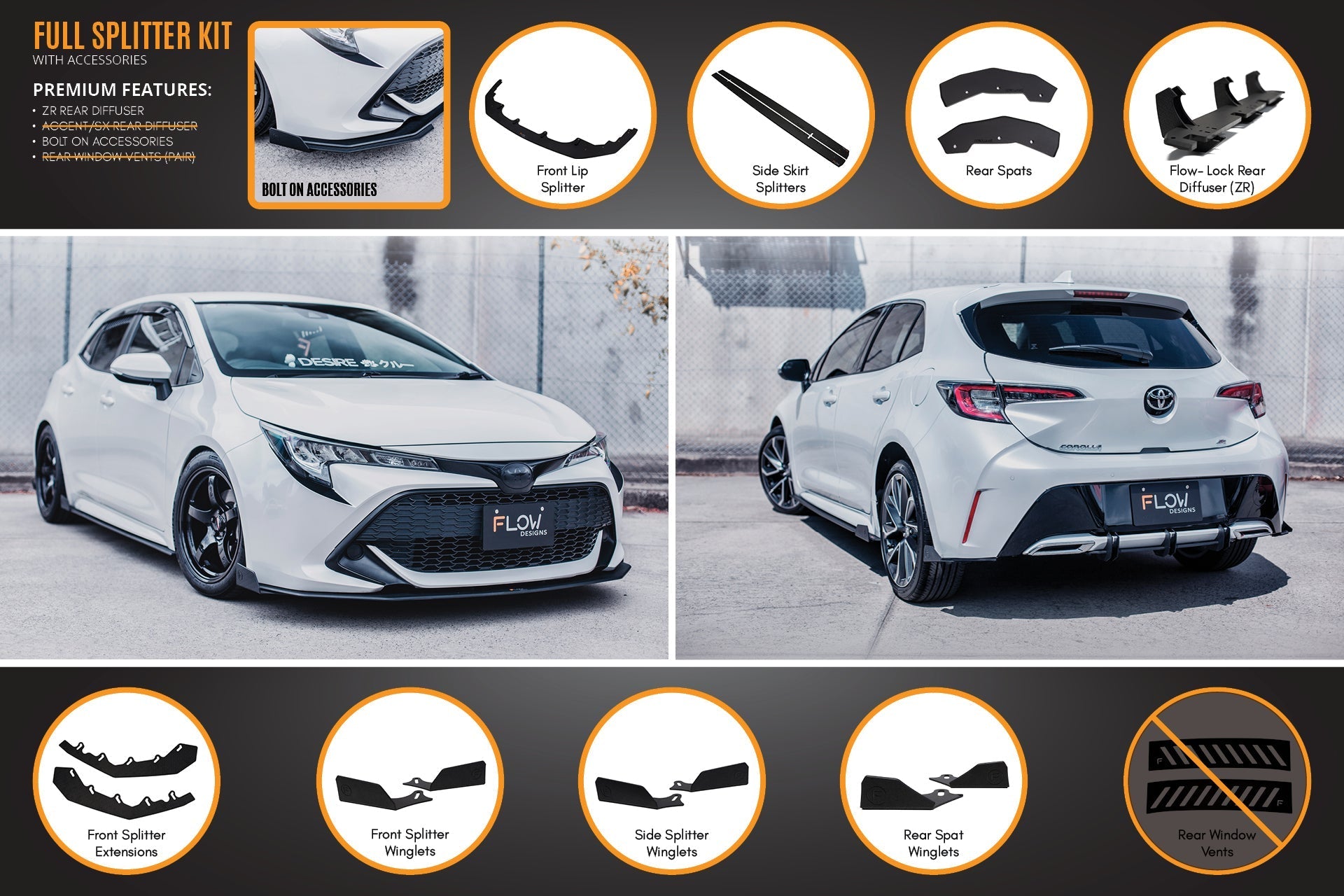 Flow Designs Corolla MZEA12R/ZWE211R 2018-2022 Full Lip Splitter Set - iilumolab
