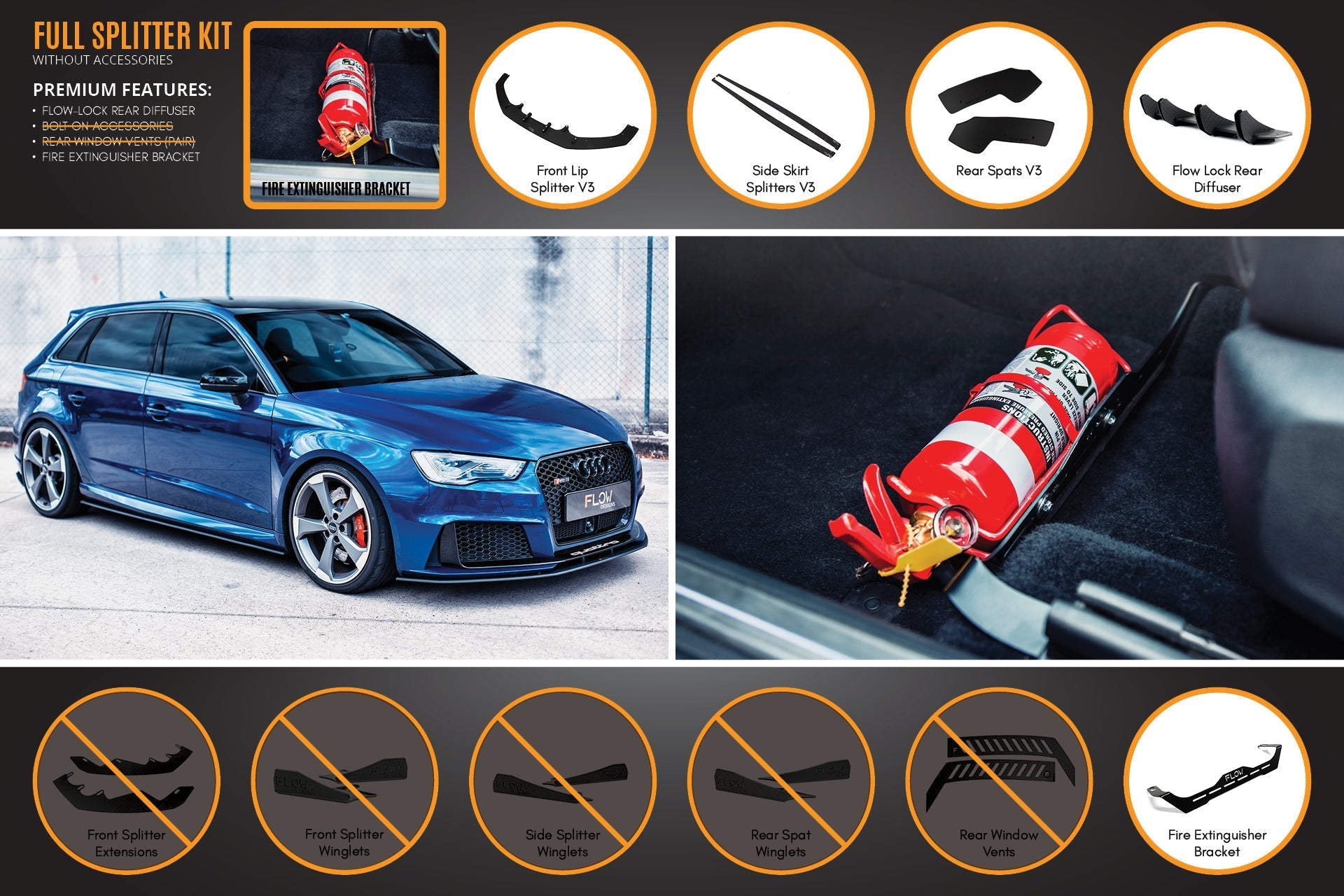 Flow Designs RS3 8V Sportback (Pre-Facelift) Full Lip Splitter Set - iilumolab
