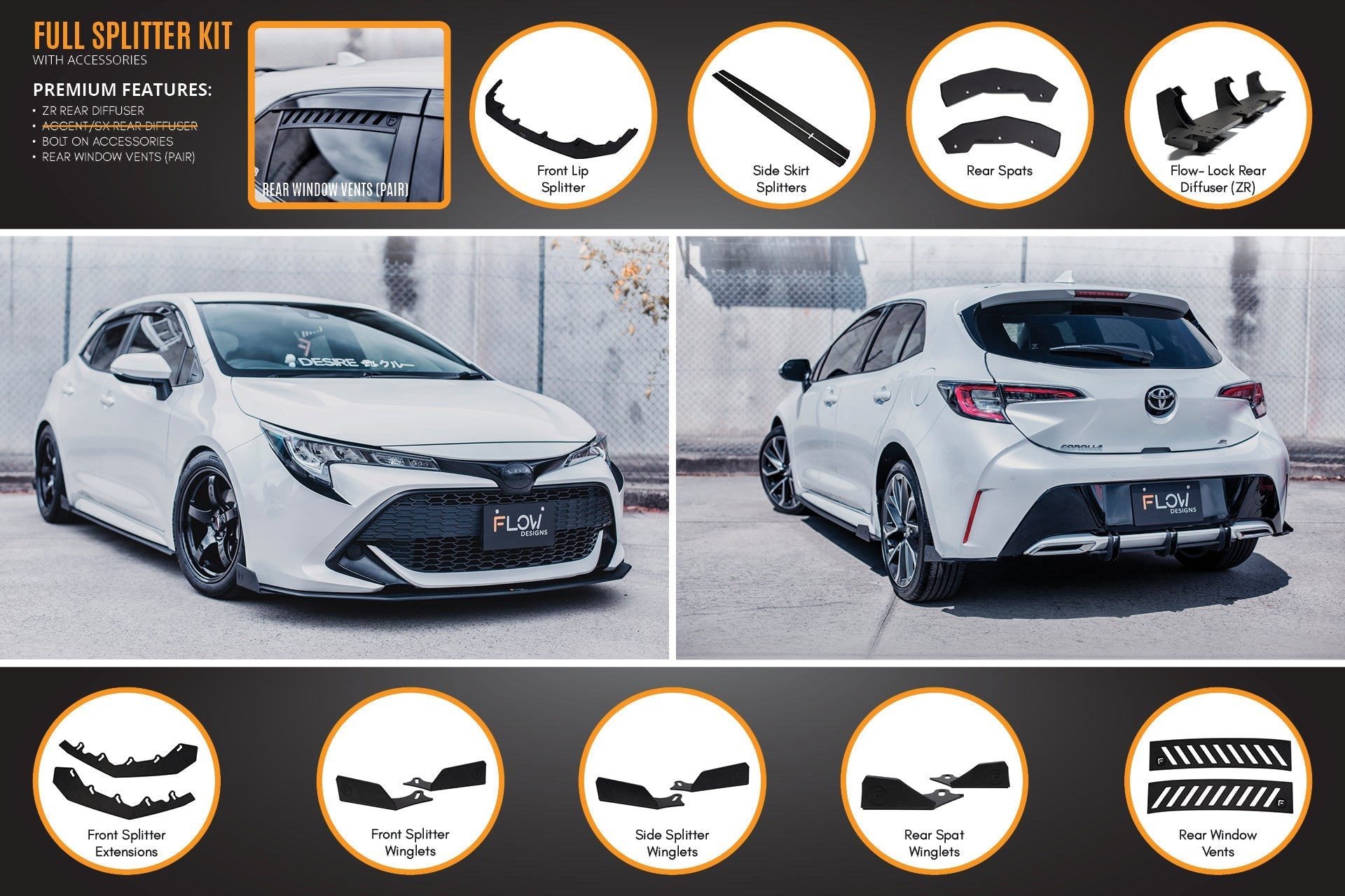 Flow Designs Corolla MZEA12R/ZWE211R 2018-2022 Full Lip Splitter Set - iilumolab