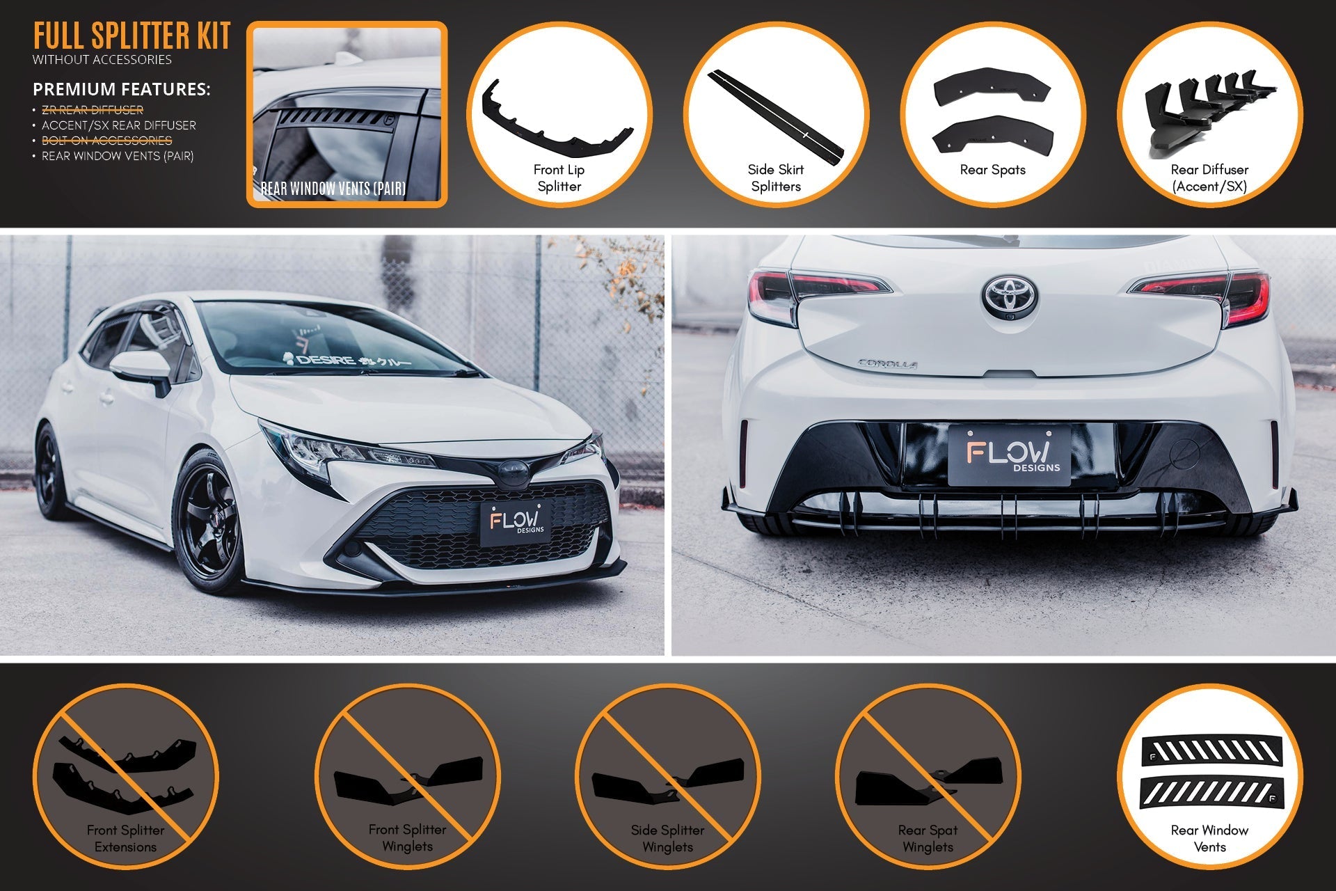 Flow Designs Corolla MZEA12R/ZWE211R 2018-2022 Full Lip Splitter Set - iilumolab