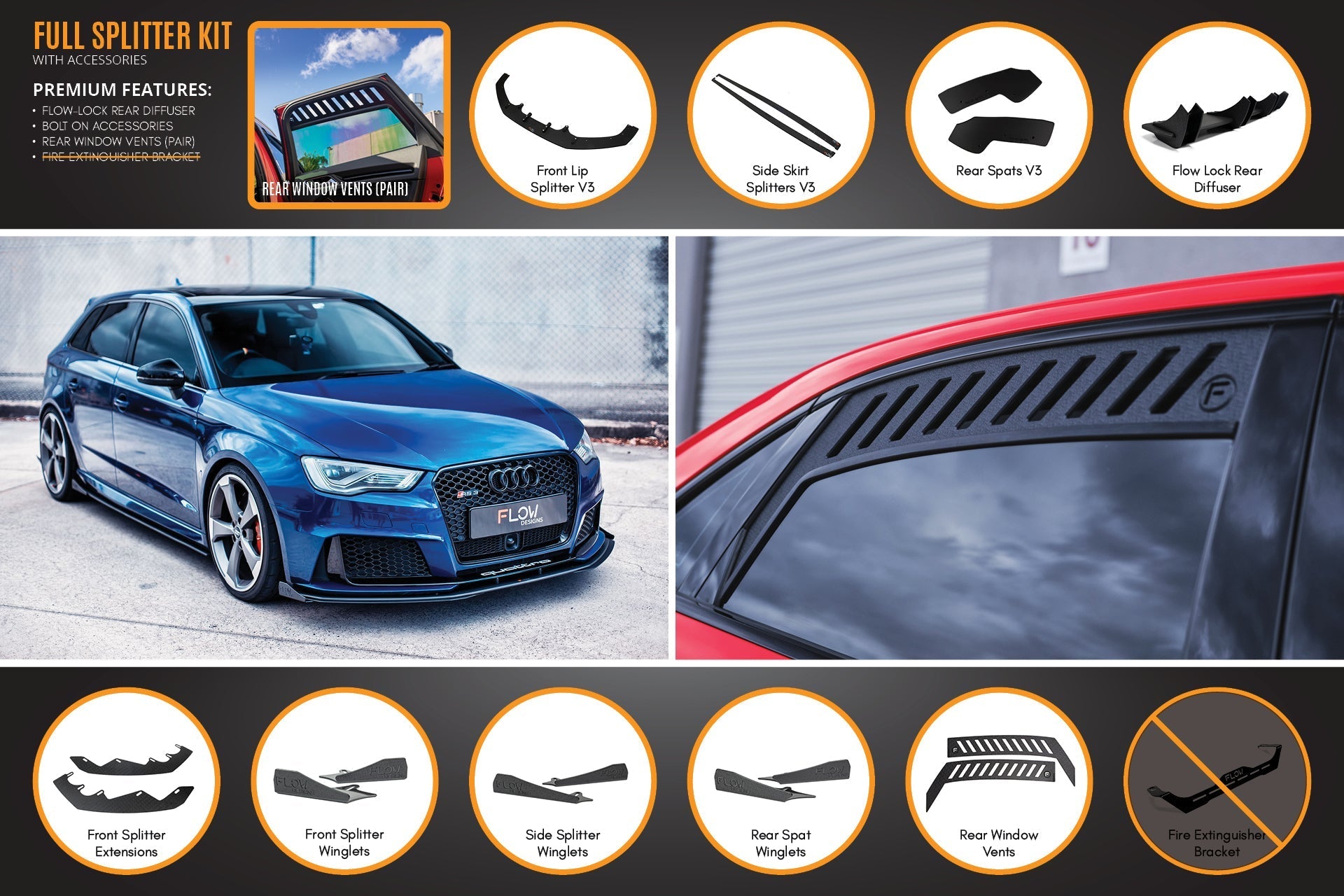 Flow Designs RS3 8V Sportback (Pre-Facelift) Full Lip Splitter Set - iilumolab