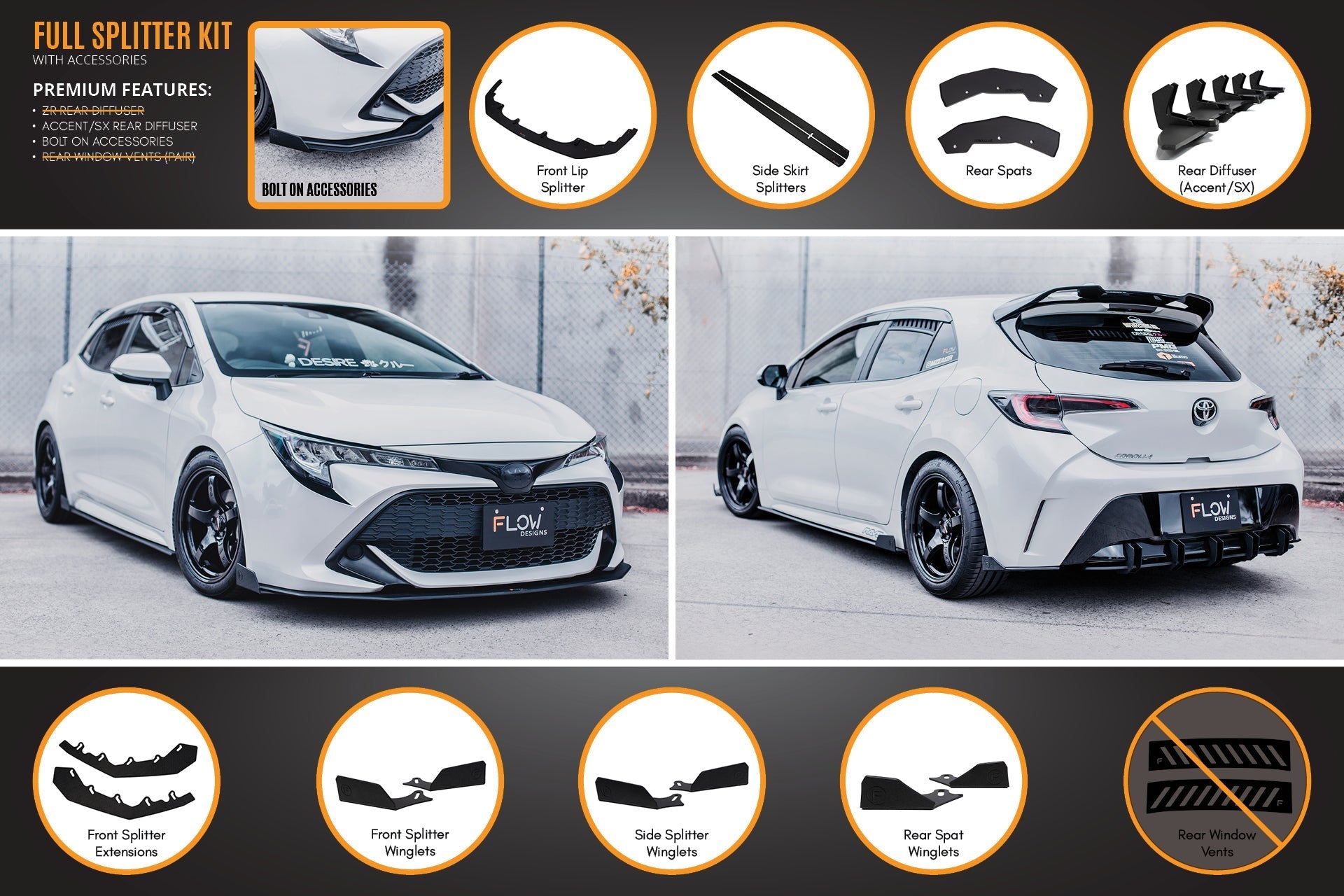 Flow Designs Corolla MZEA12R/ZWE211R 2018-2022 Full Lip Splitter Set - iilumolab