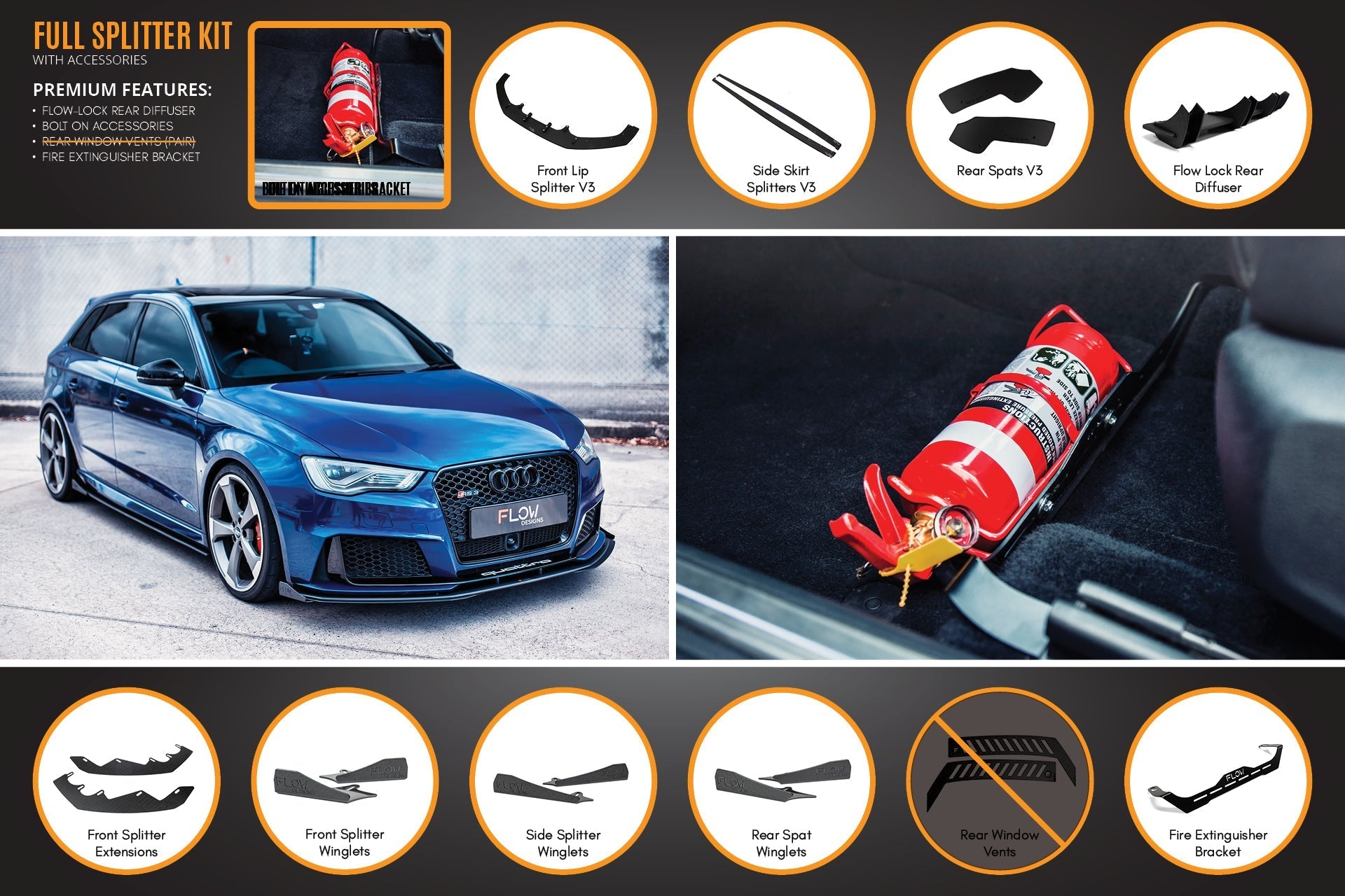Flow Designs RS3 8V Sportback (Pre-Facelift) Full Lip Splitter Set - iilumolab